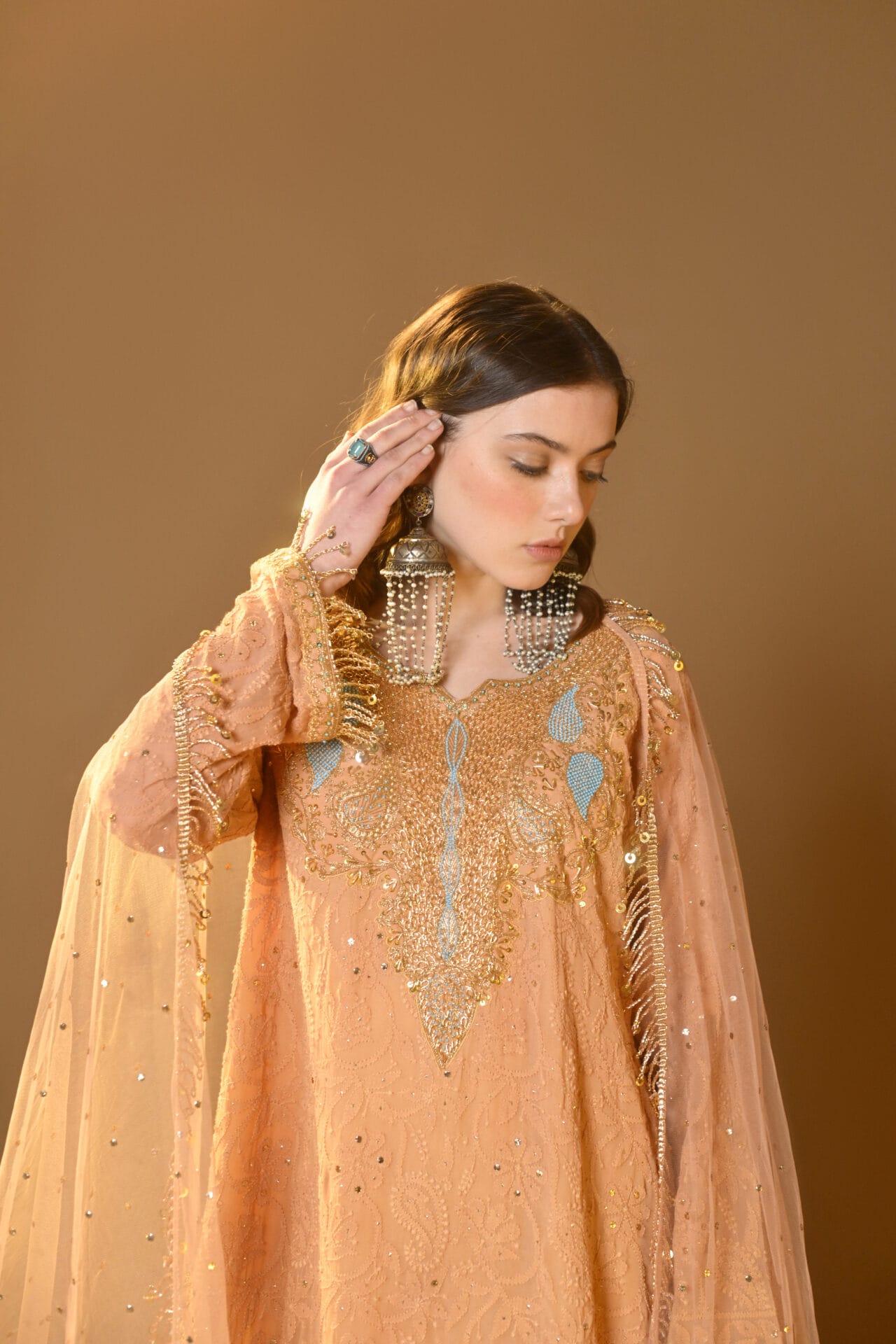 Peach Hand Embroidered Kurta Palazzo Net Mukaish Dupatta