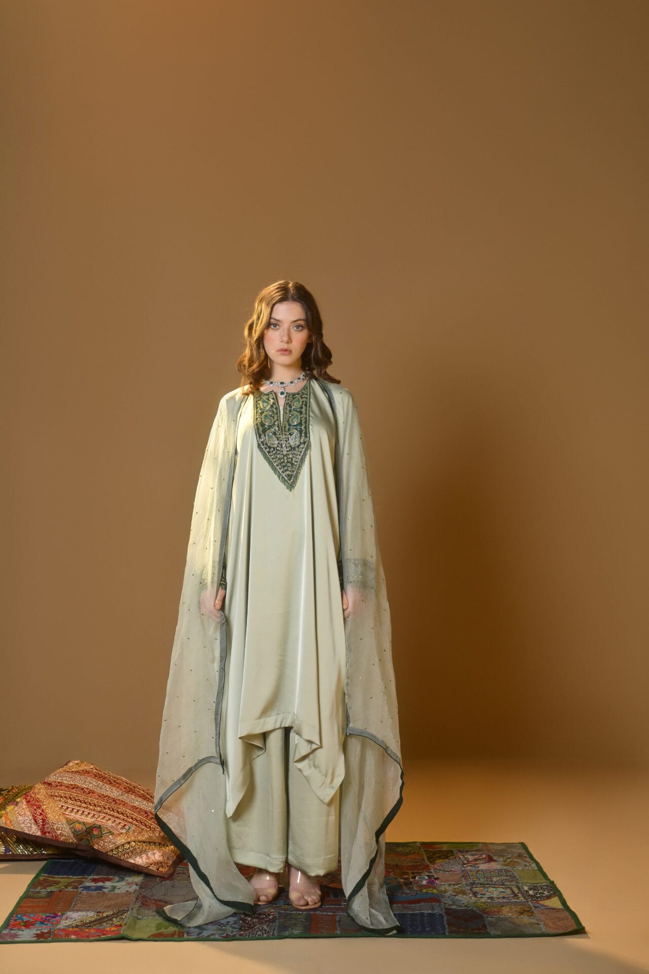 Sage Green Hand Embroidered Kaftaan Palazzo Organza  Dupatta