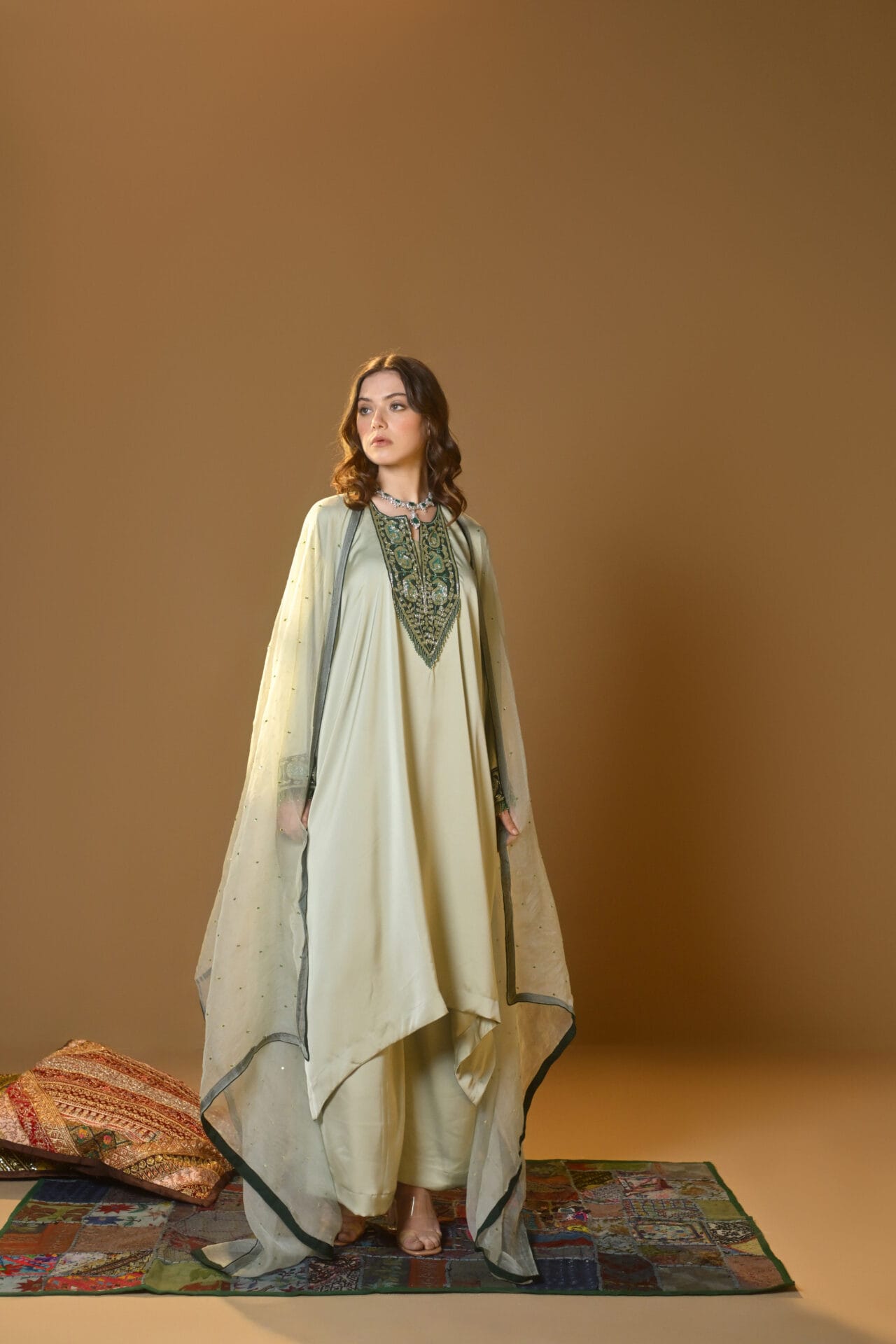 Sage Green Hand Embroidered Kaftaan Palazzo Organza  Dupatta