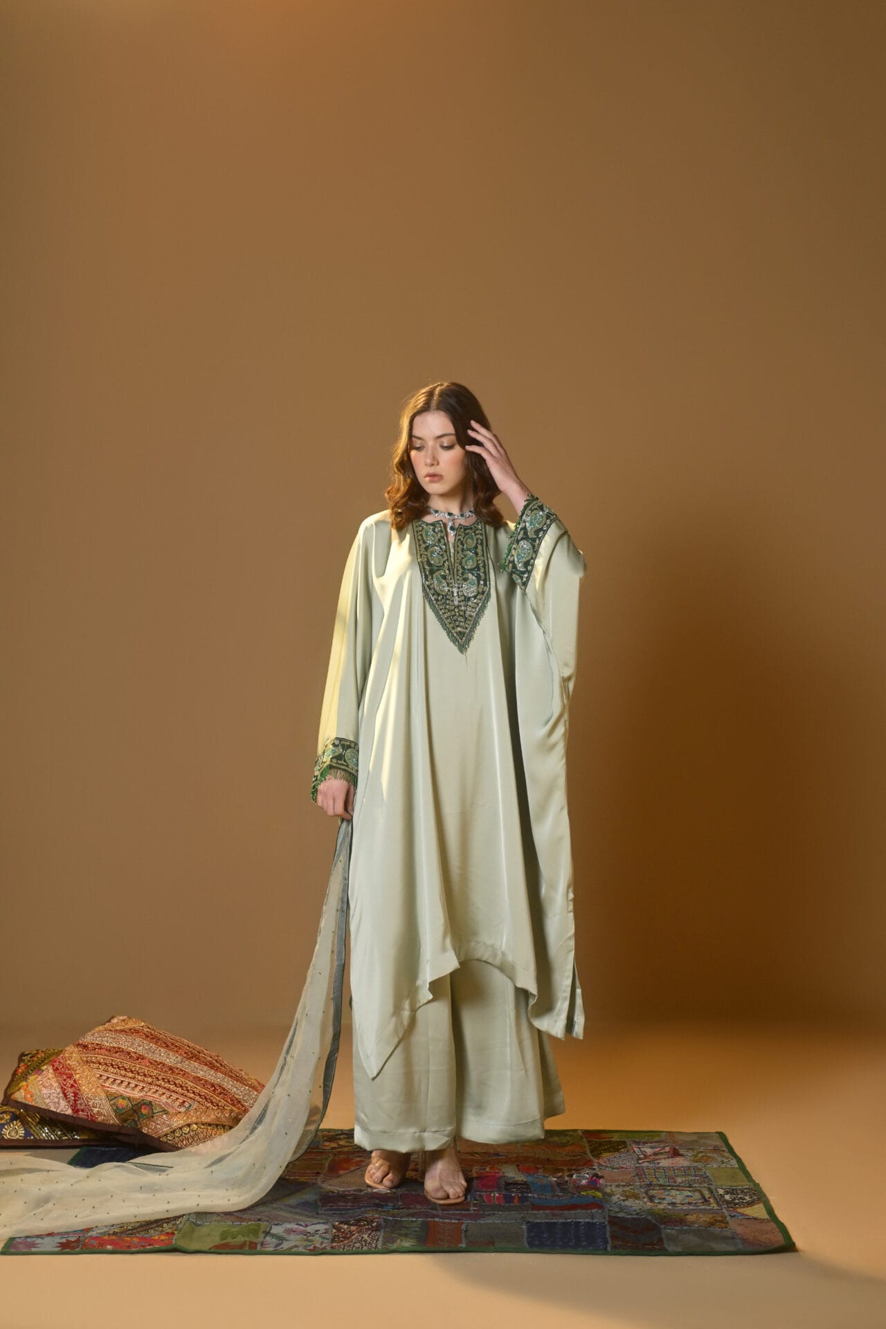 Sage Green Hand Embroidered Kaftaan Palazzo Organza  Dupatta