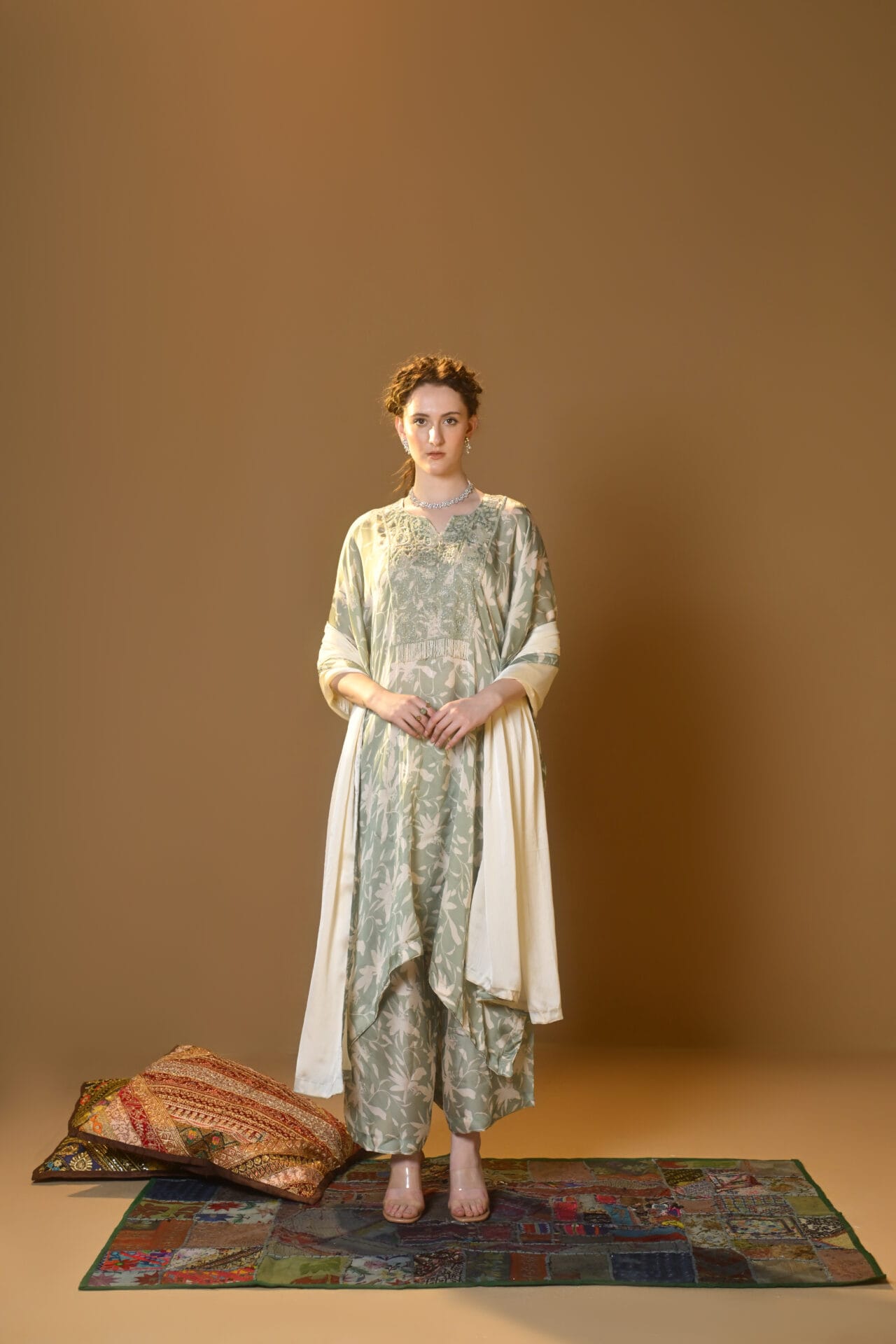 Sage Green Printed  Hand Embroidered Kaftaan Palazzo Printed Dupatta