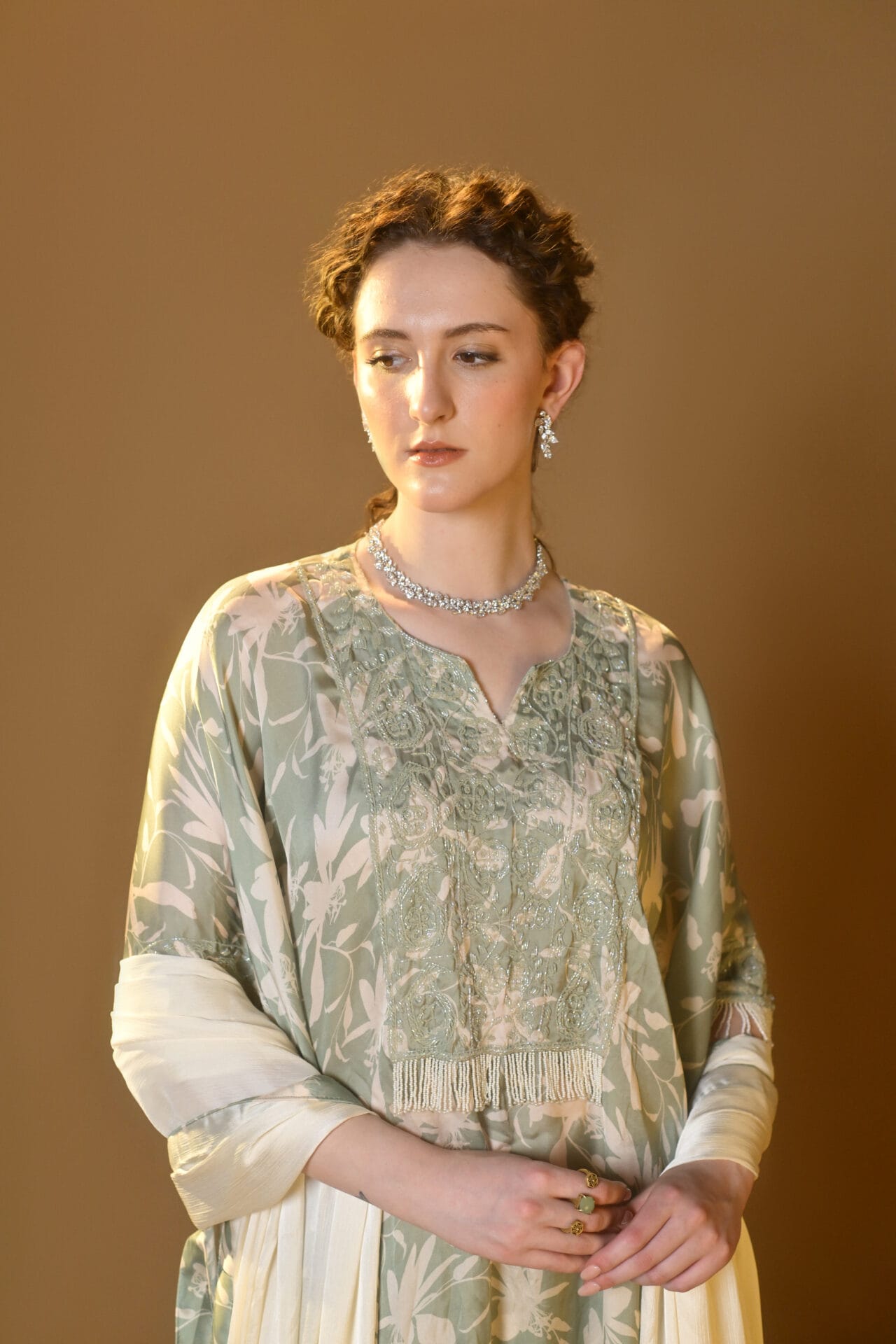 Sage Green Printed  Hand Embroidered Kaftaan Palazzo Printed Dupatta