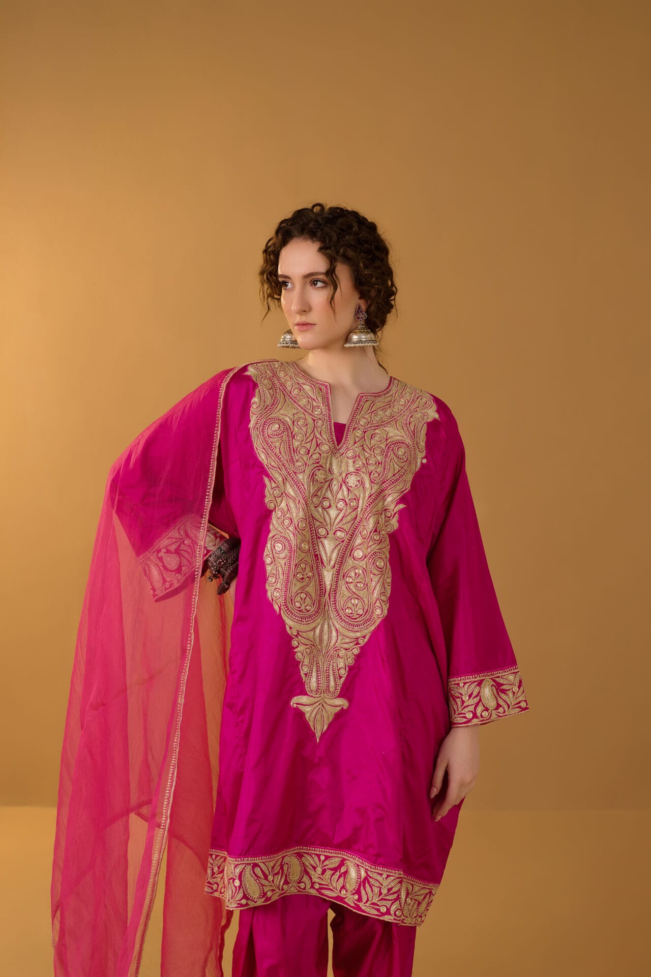 Hot Pink Tilla Embroidered Pheran Salwar Organza Dupatta