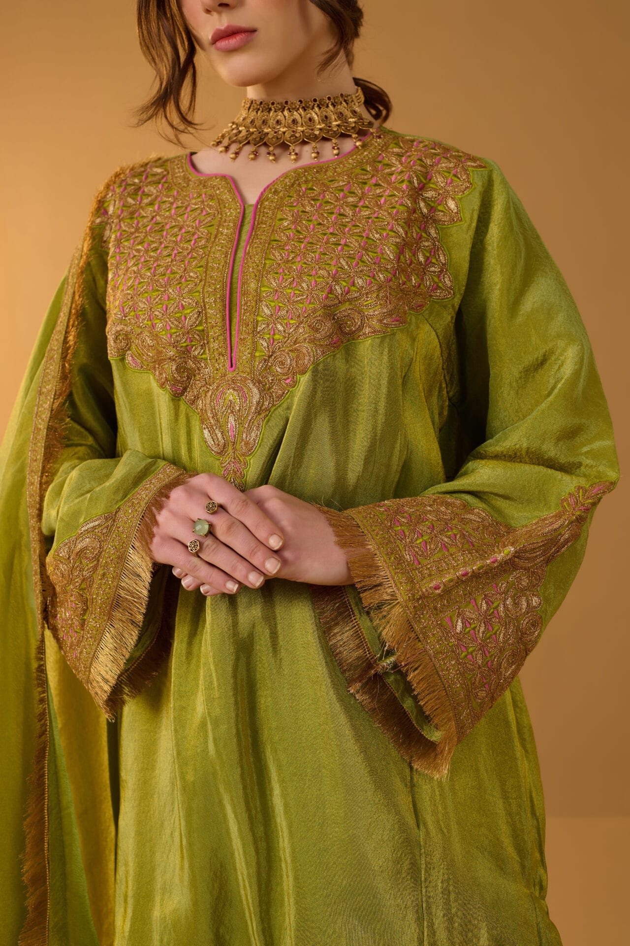 Green Tilla Embroidered Pheran Palazzo Organza Dupatta