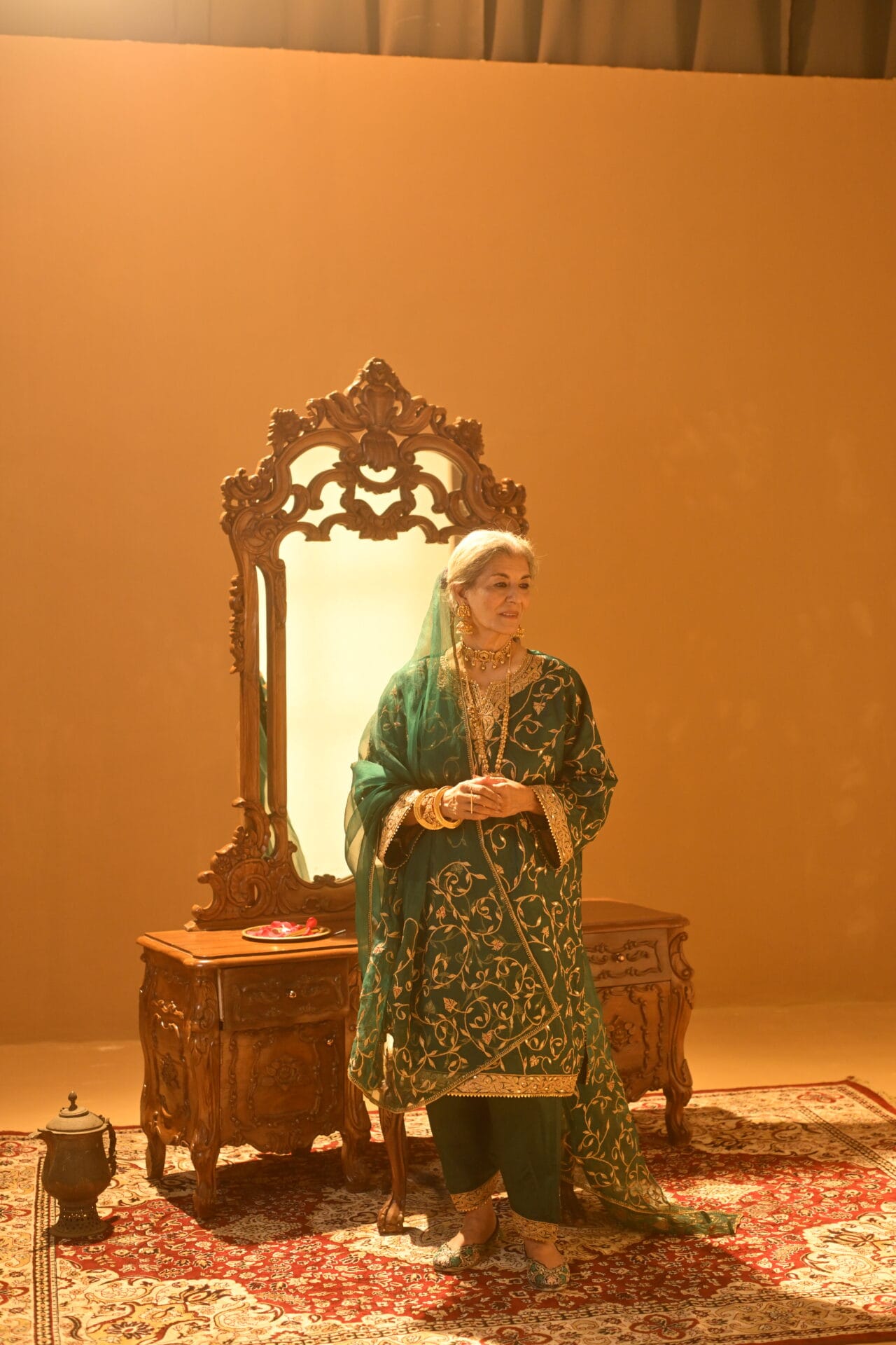 Bottle Green Tilla Embroidered Pheran Salwar Organza Dupatta