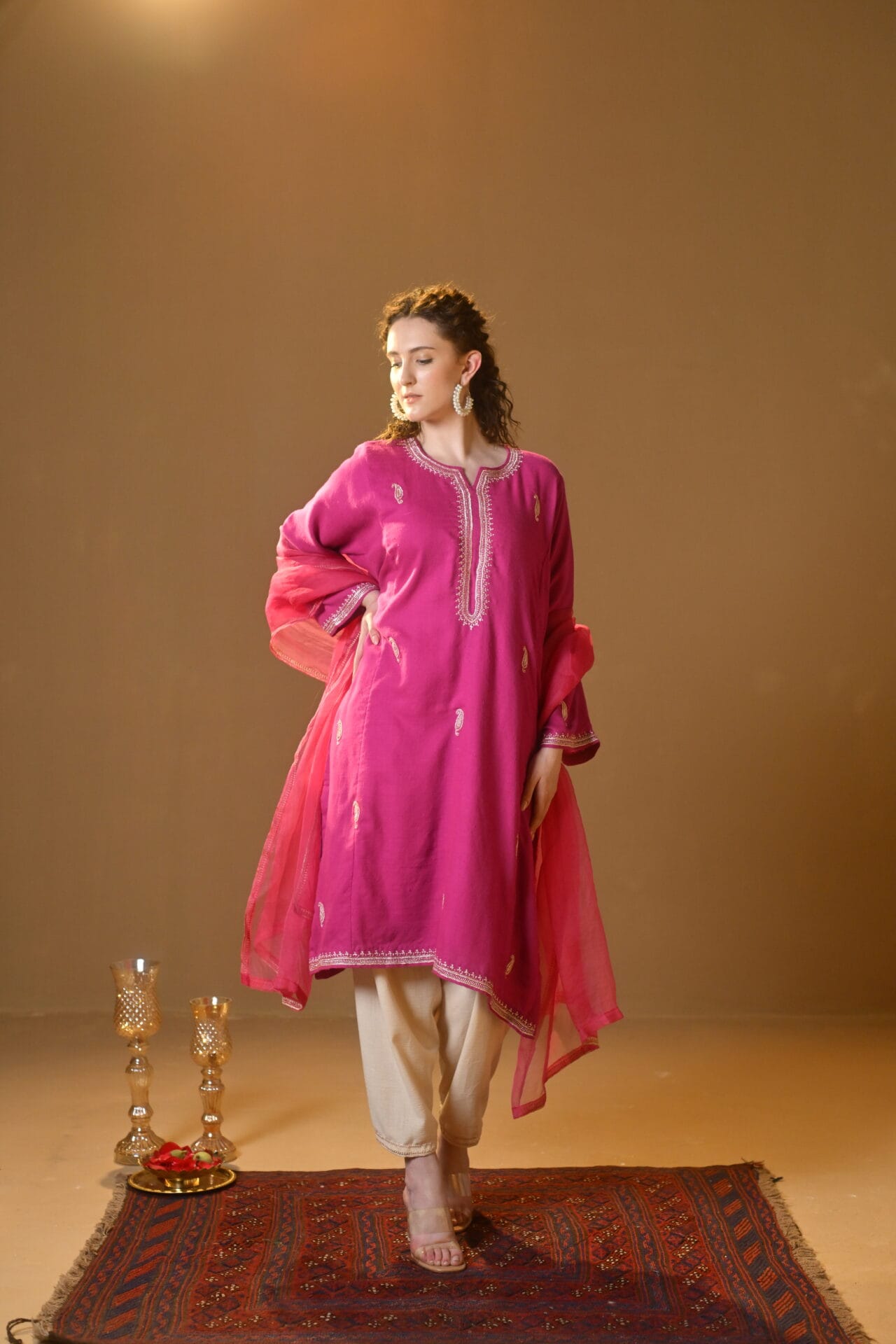 Hot Pink Hand Embroidered Pheran Salwar Organza Dupatta