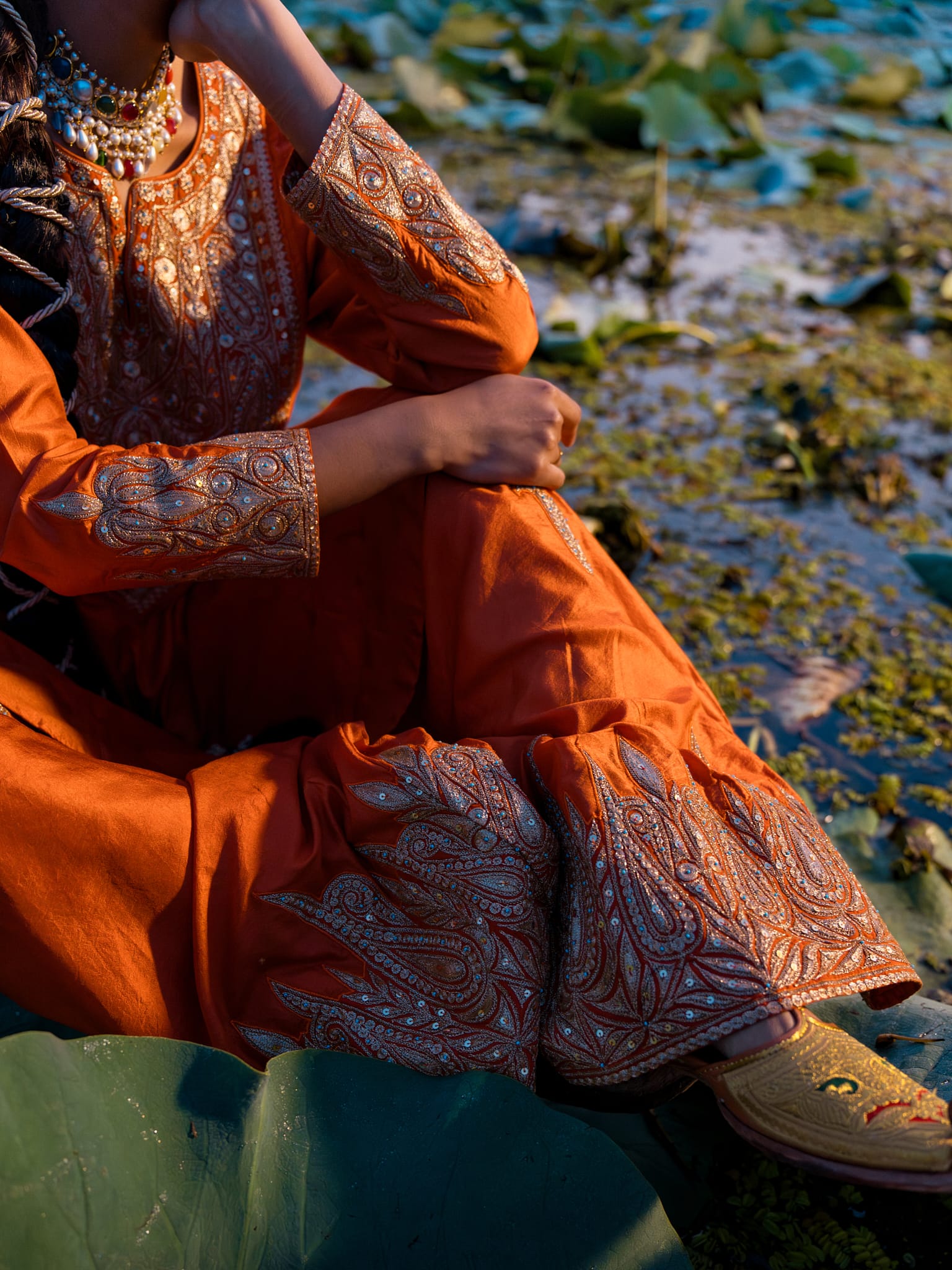 Rust Tilla Embroidered Round Kameez Farshi Salwar Tissue Dupatta