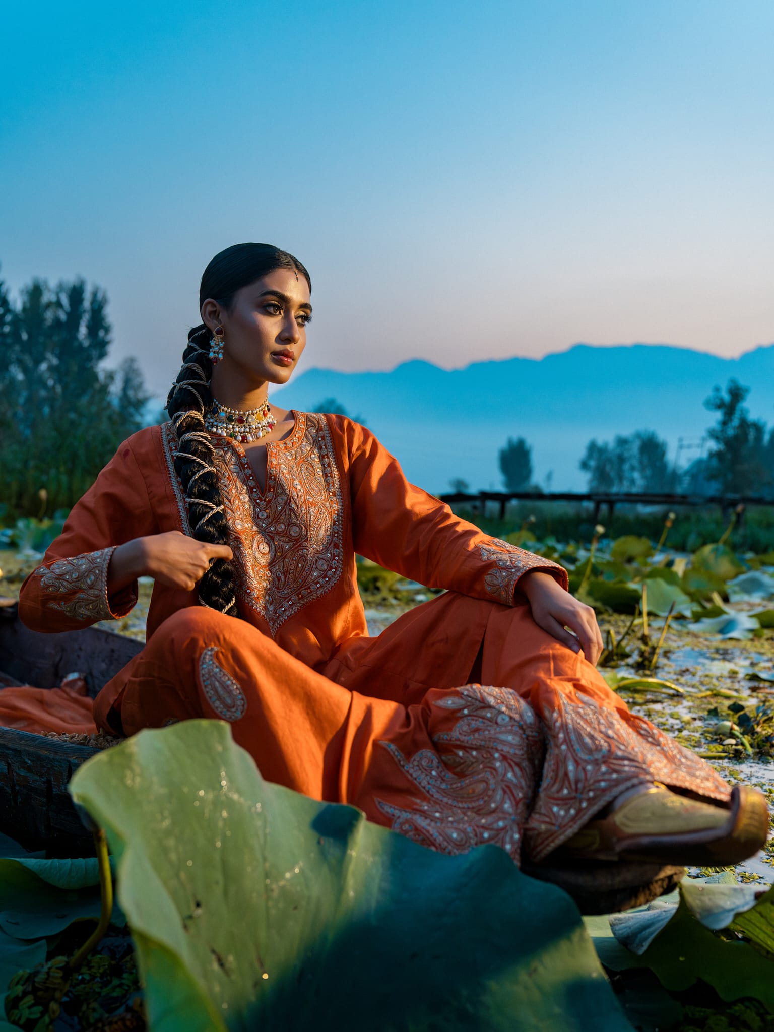 Rust Tilla Embroidered Round Kameez Farshi Salwar Tissue Dupatta