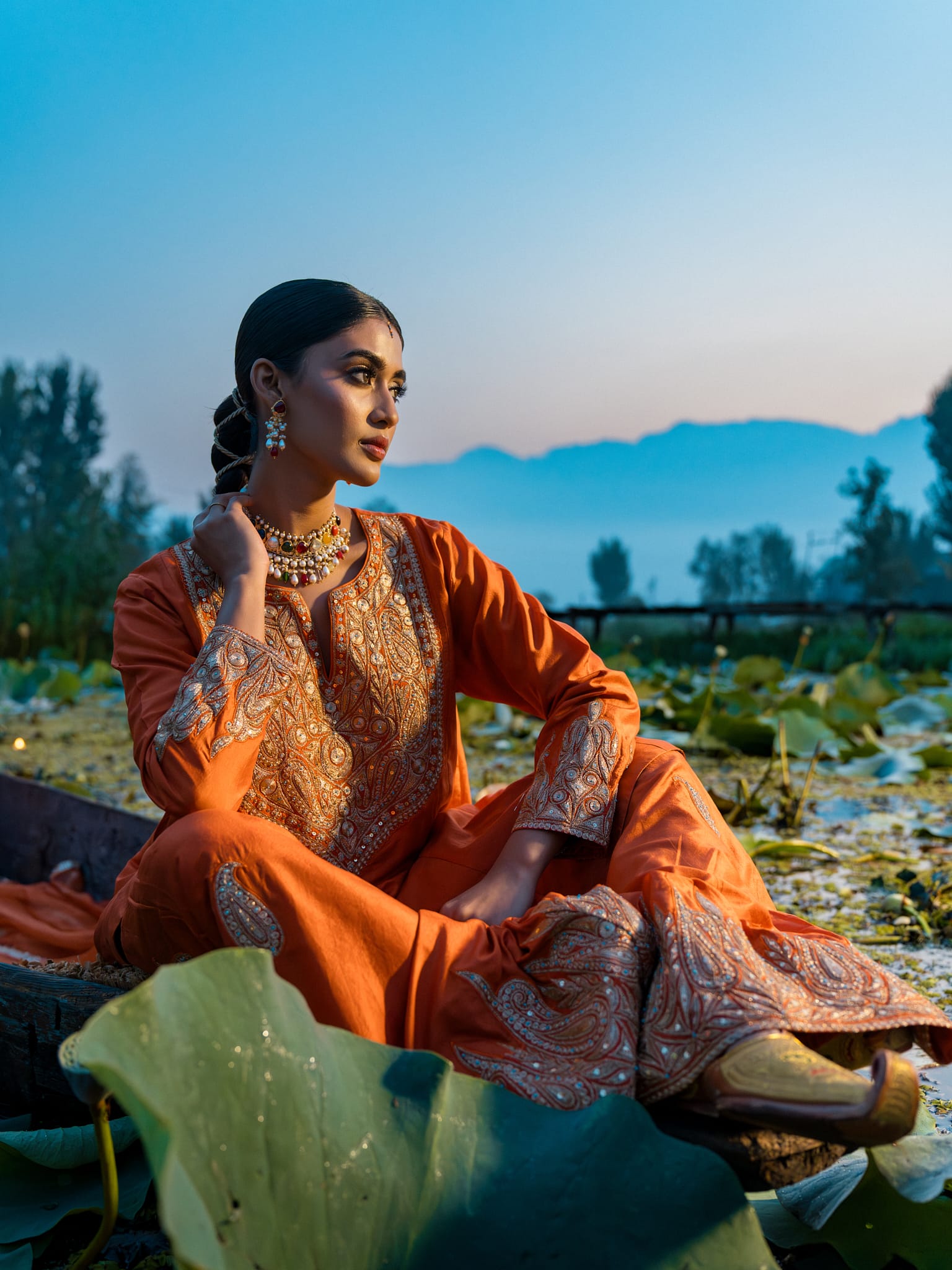 Rust Tilla Embroidered Round Kameez Farshi Salwar Tissue Dupatta