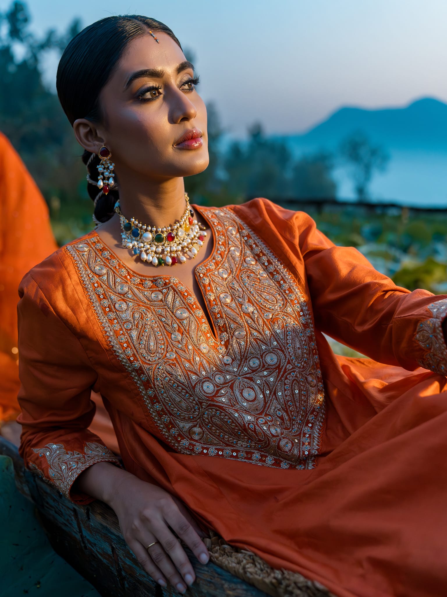 Rust Tilla Embroidered Round Kameez Farshi Salwar Tissue Dupatta