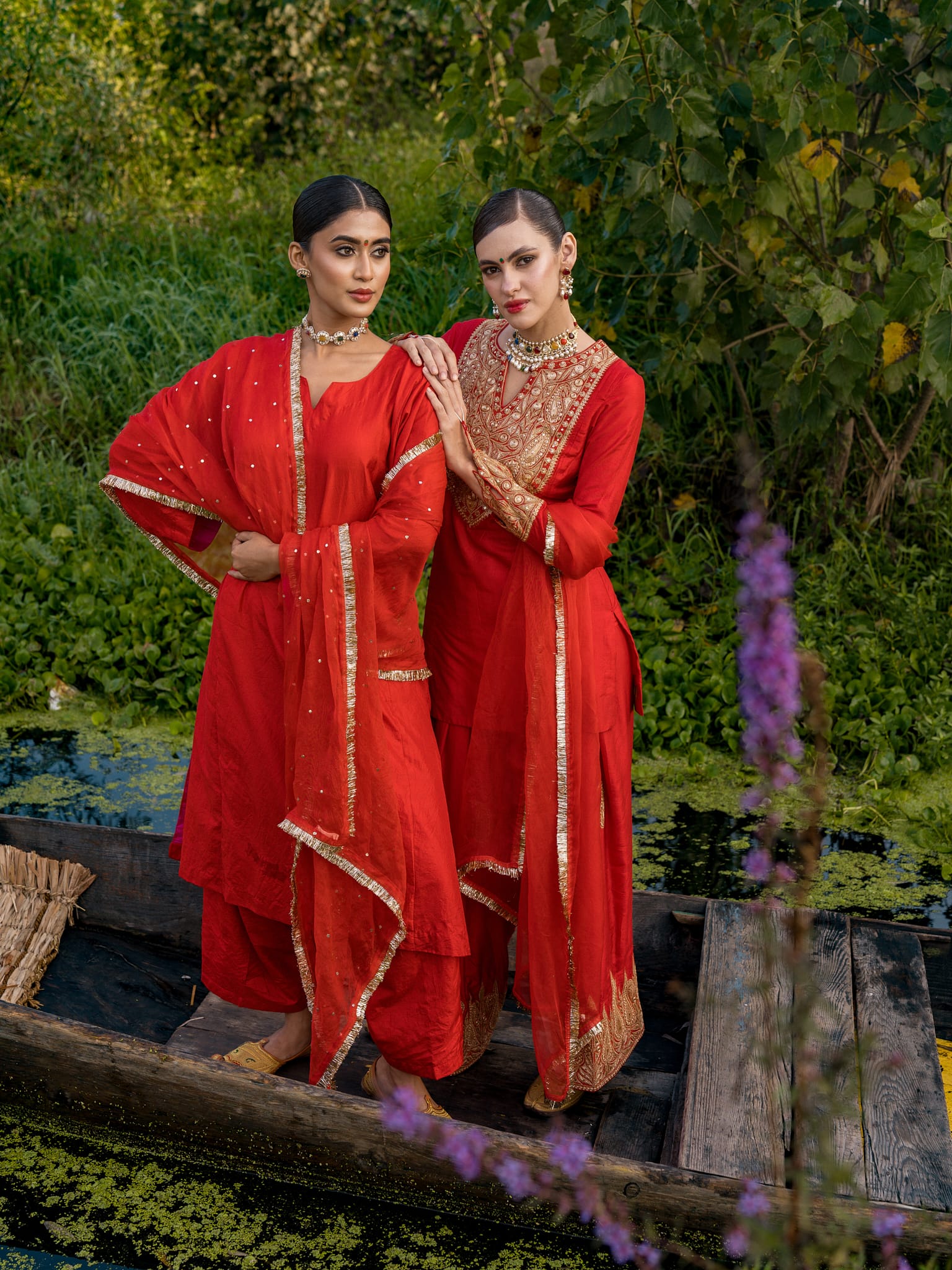 Red Tilla Embroidered Kameez Farshi Salwar Organza Dupatta