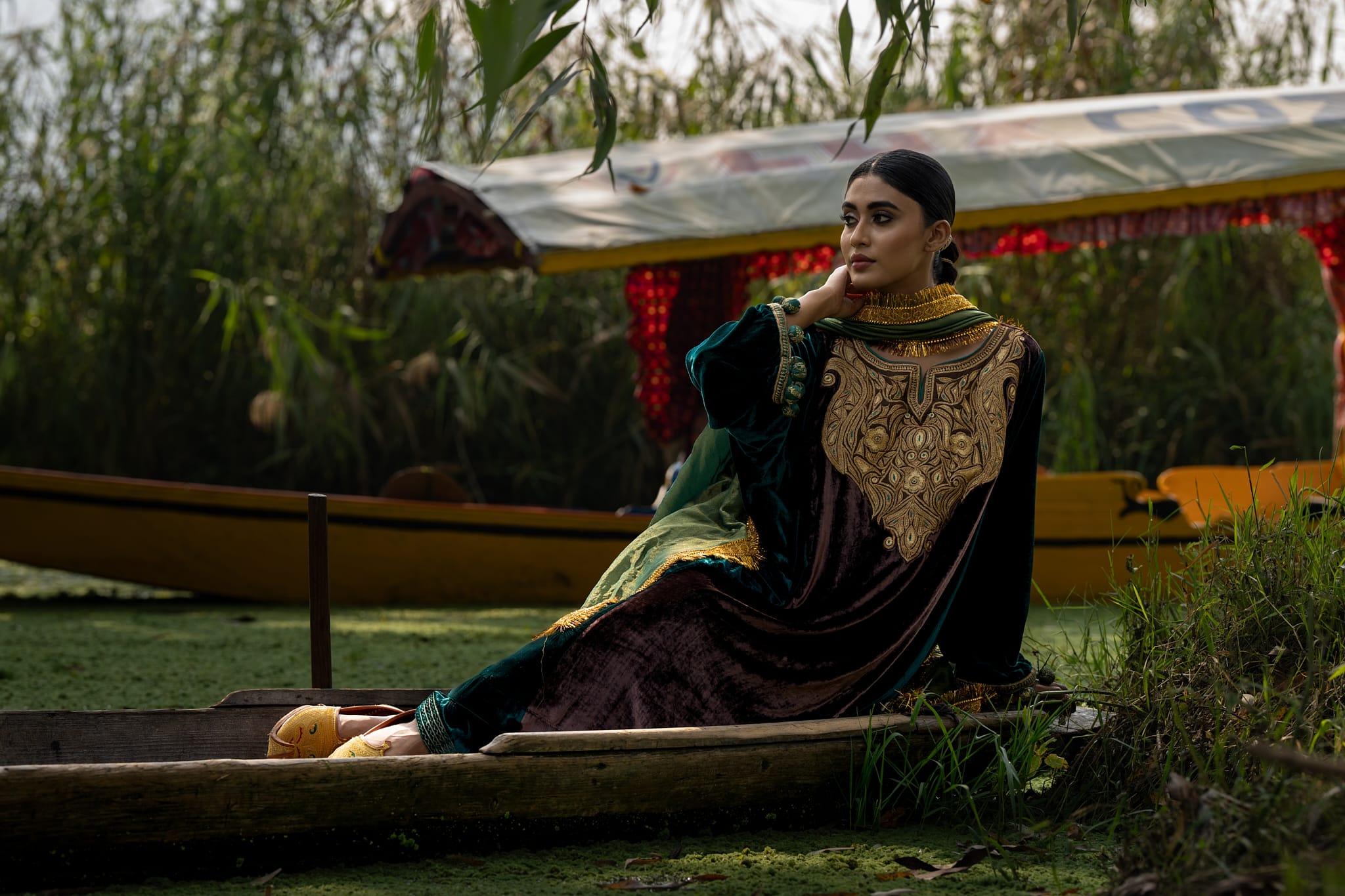 Green & Brown Tilla Embroidered Pheran Salwar Tissue Dupatta
