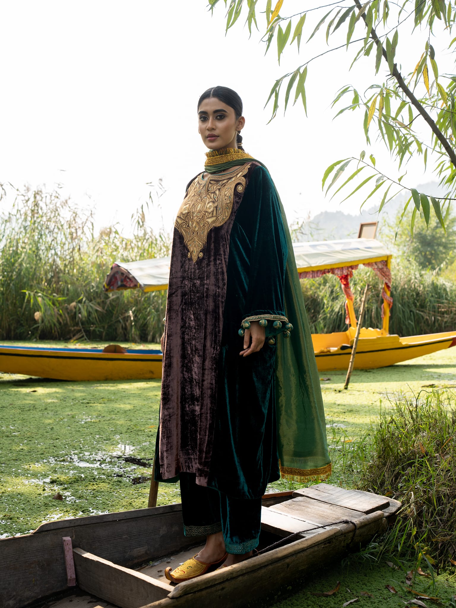 Green & Brown Tilla Embroidered Pheran Salwar Tissue Dupatta