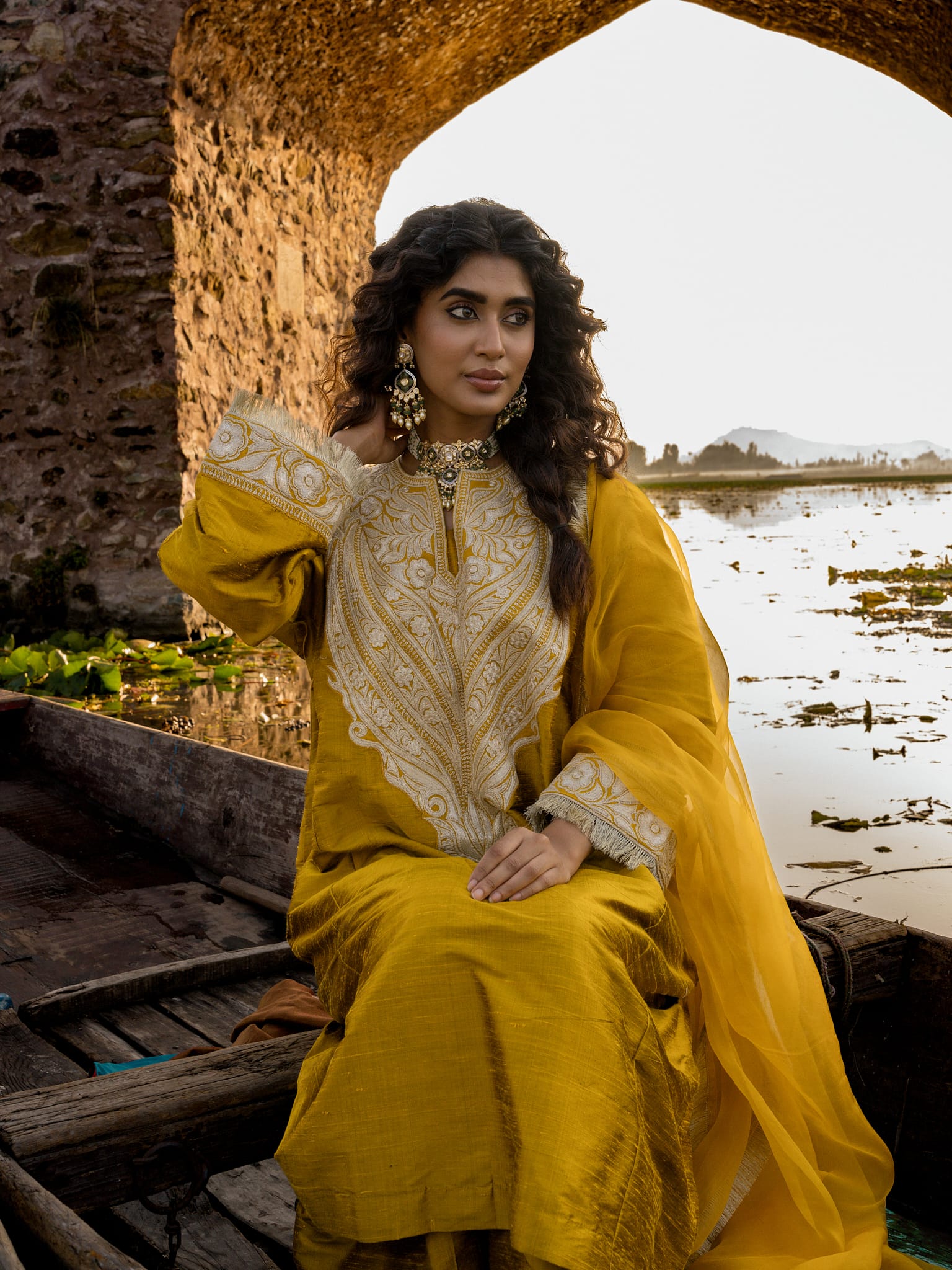 Mustard Tilla Embroidered Pheran Farshi Salwar Organza Dupatta