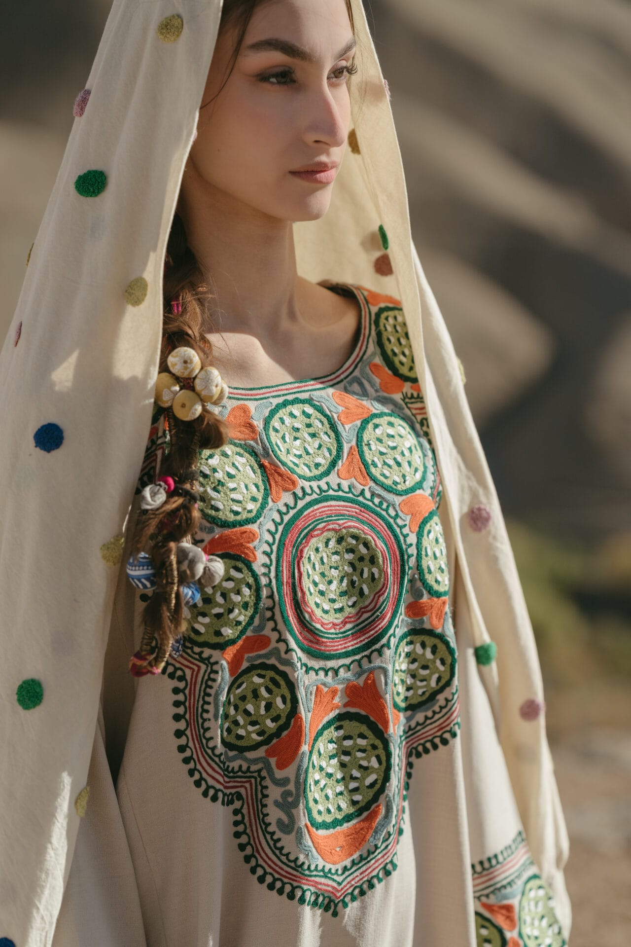 Beige Ari Embroidered  Round Pheran Salwar Scarf
