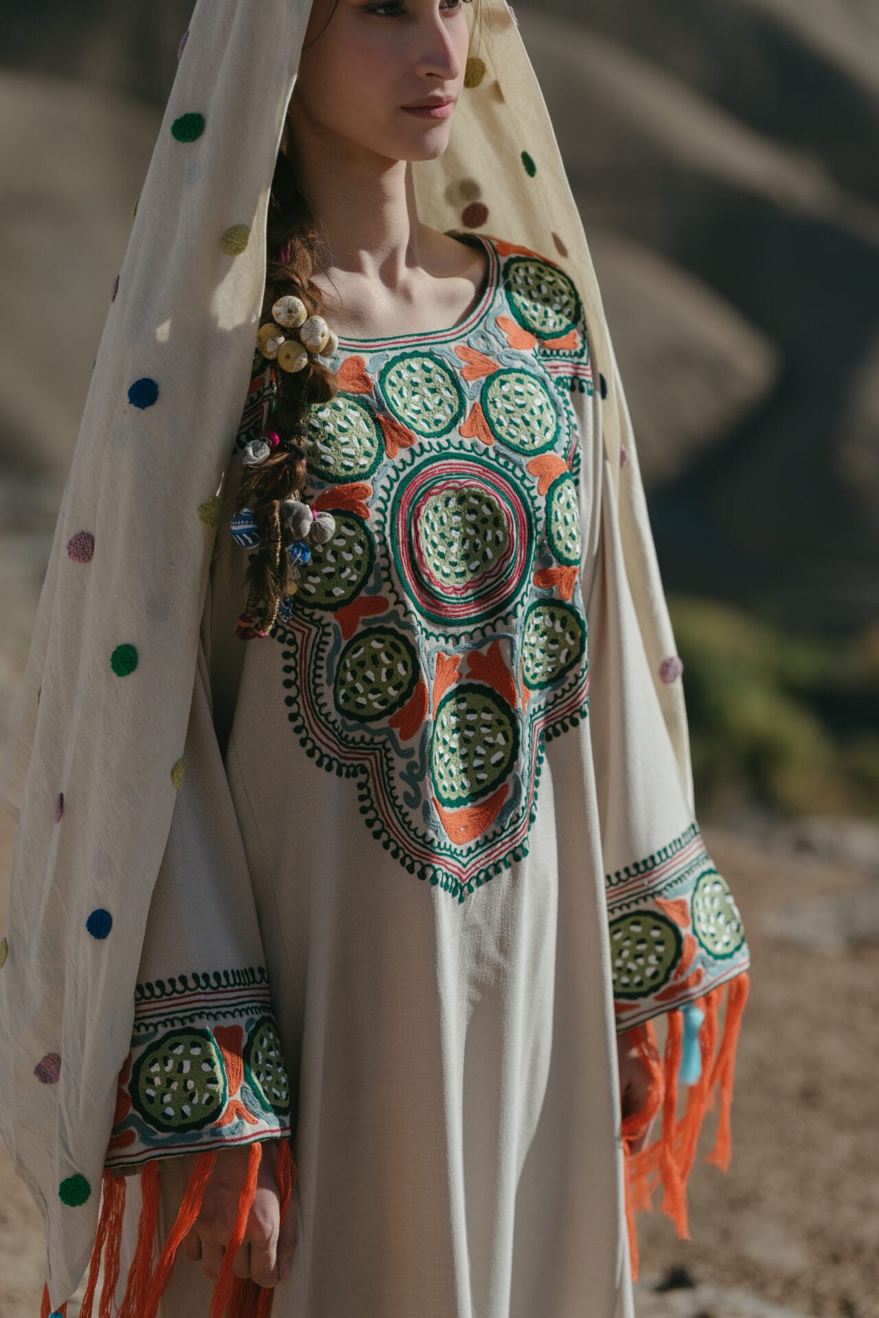 Beige Ari Embroidered  Round Pheran Salwar Scarf