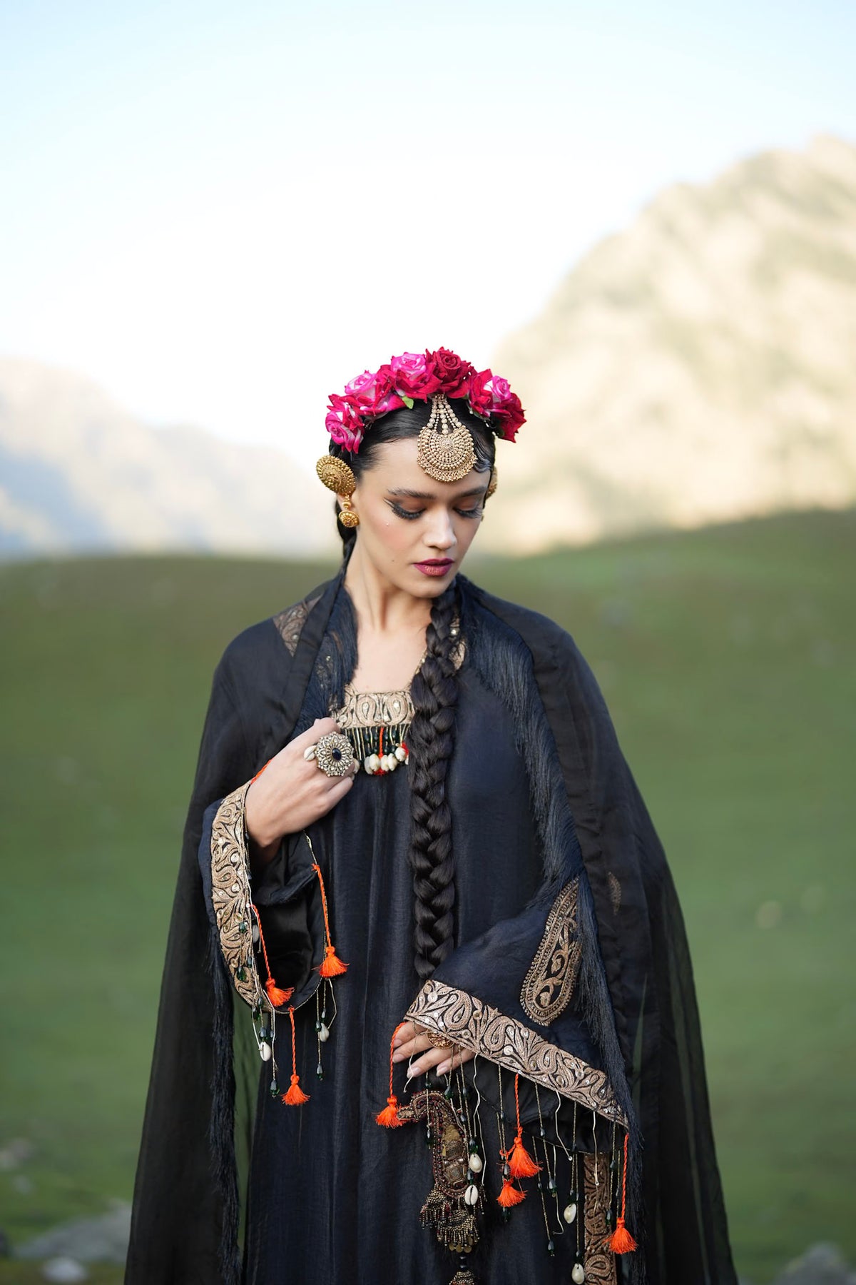 Black Embroidered High Slit Kurta Pants with Dupatta