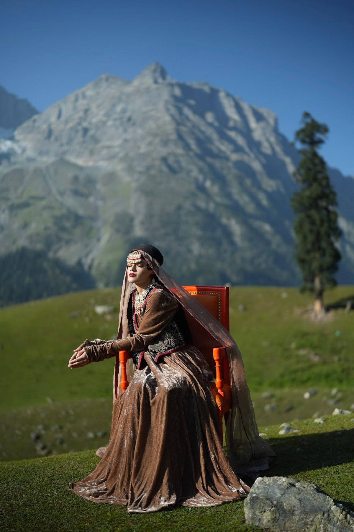 Brown Embroidered Long Kalidar with Embroidered Waistcoat and Dupatta