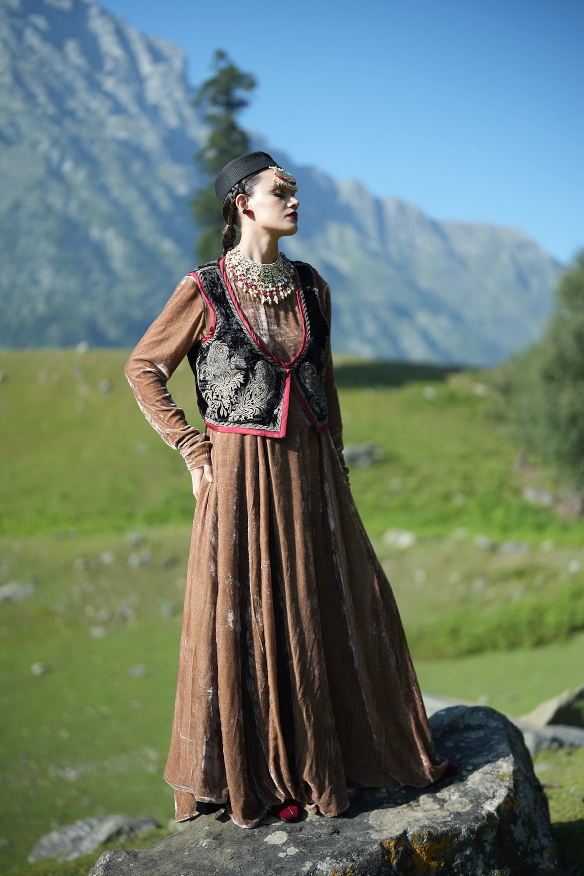Brown Embroidered Long Kalidar with Embroidered Waistcoat and Dupatta