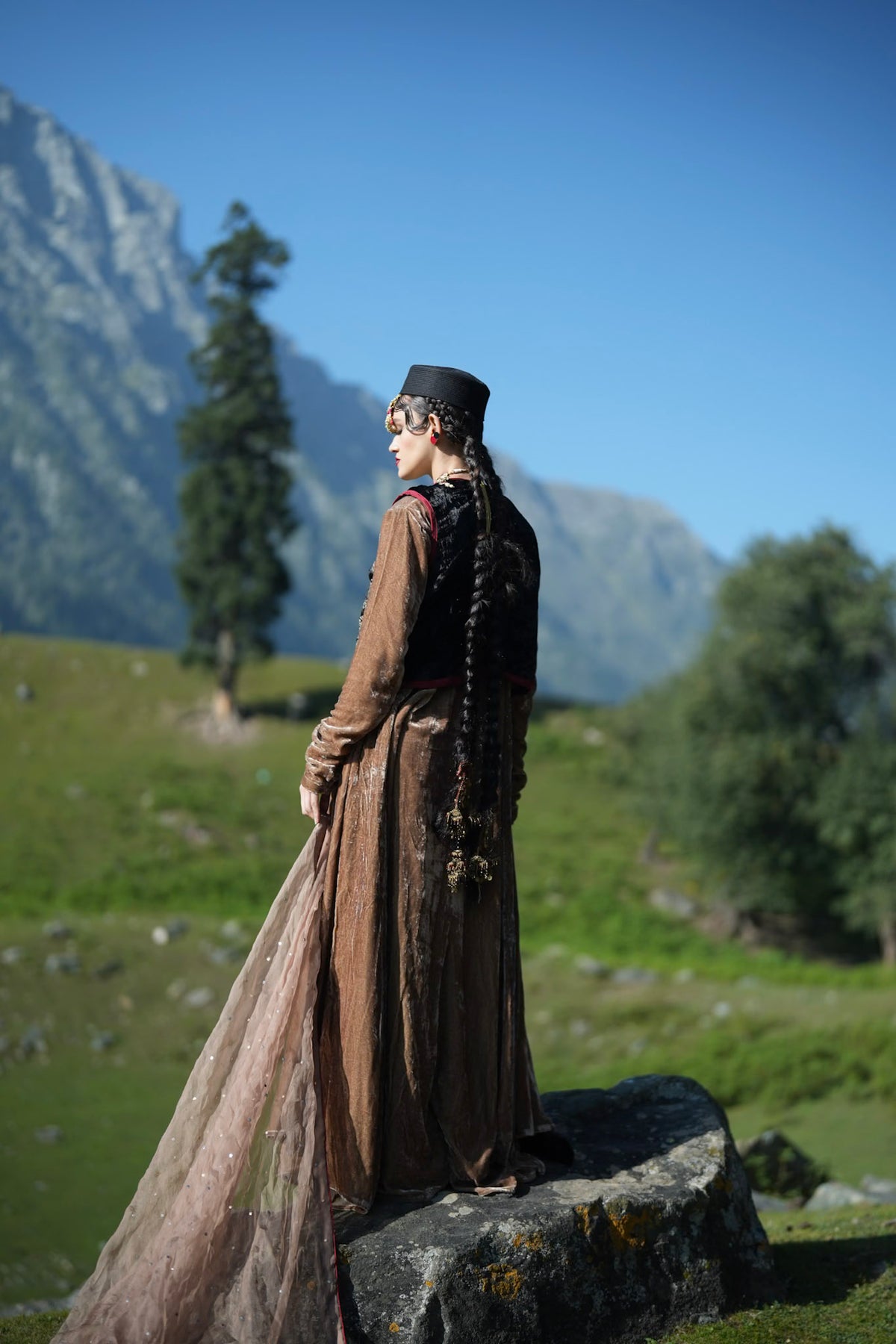 Brown Embroidered Long Kalidar with Embroidered Waistcoat and Dupatta