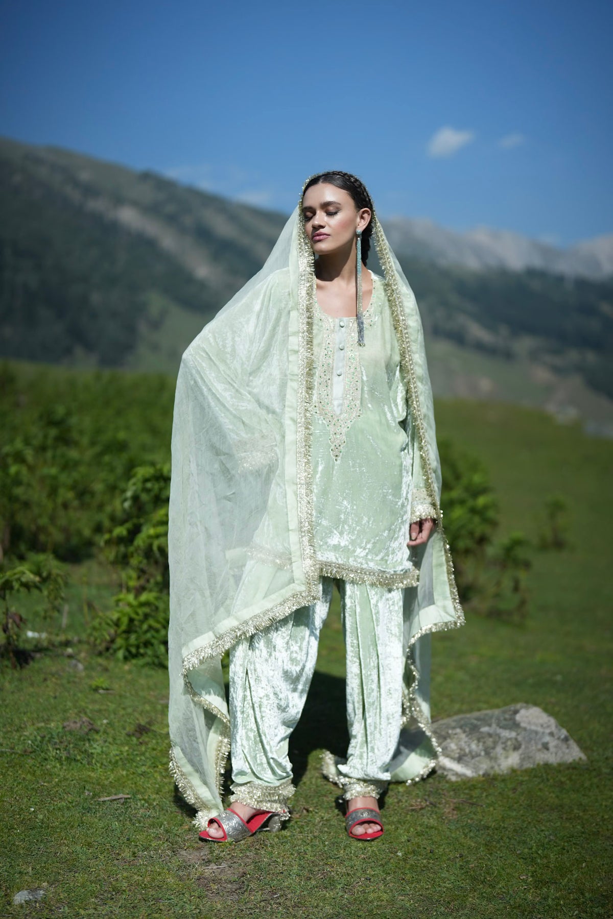 Mint Green Embroidered Round Pheran Farshi Salwar with Dupatta