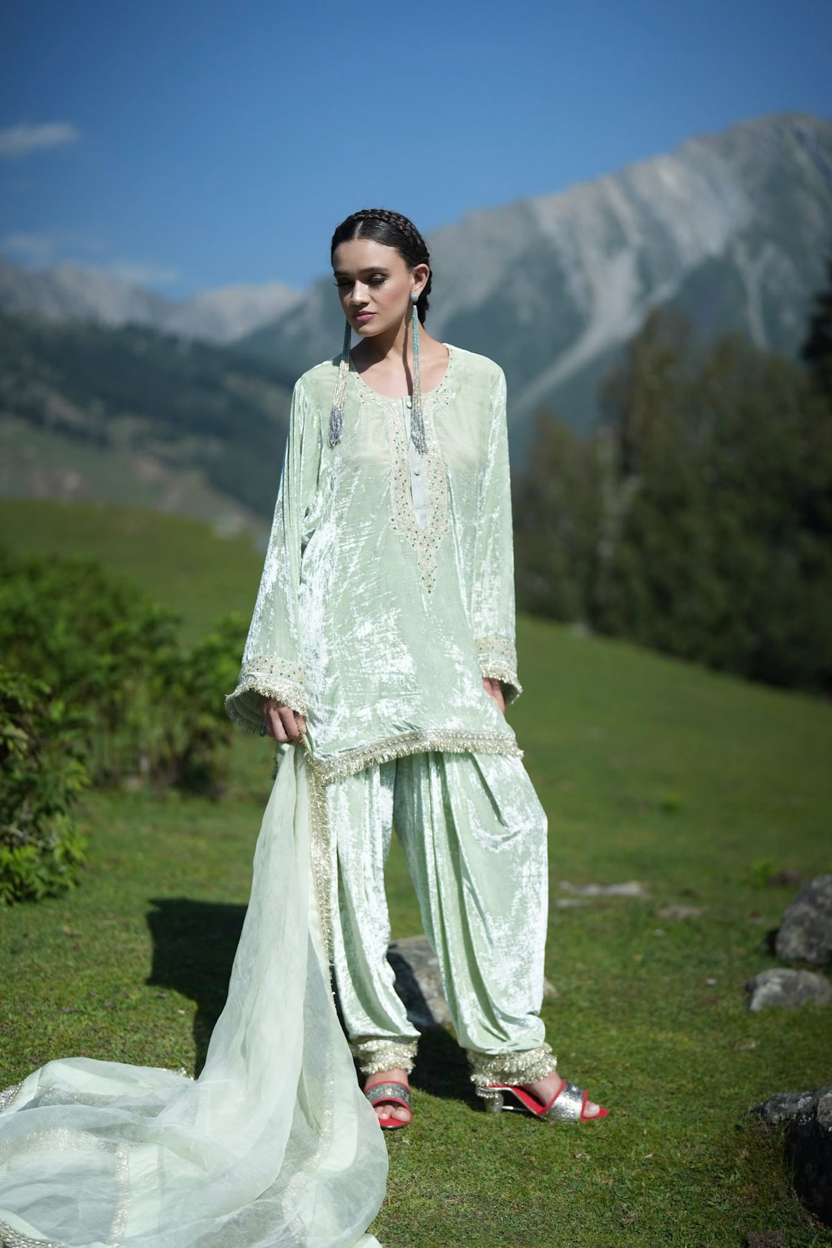 Mint Green Embroidered Round Pheran Farshi Salwar with Dupatta
