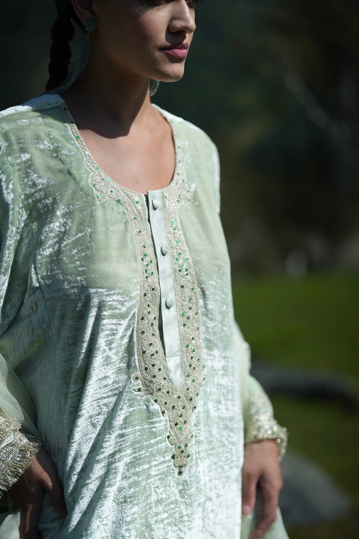 Mint Green Embroidered Round Pheran Farshi Salwar with Dupatta