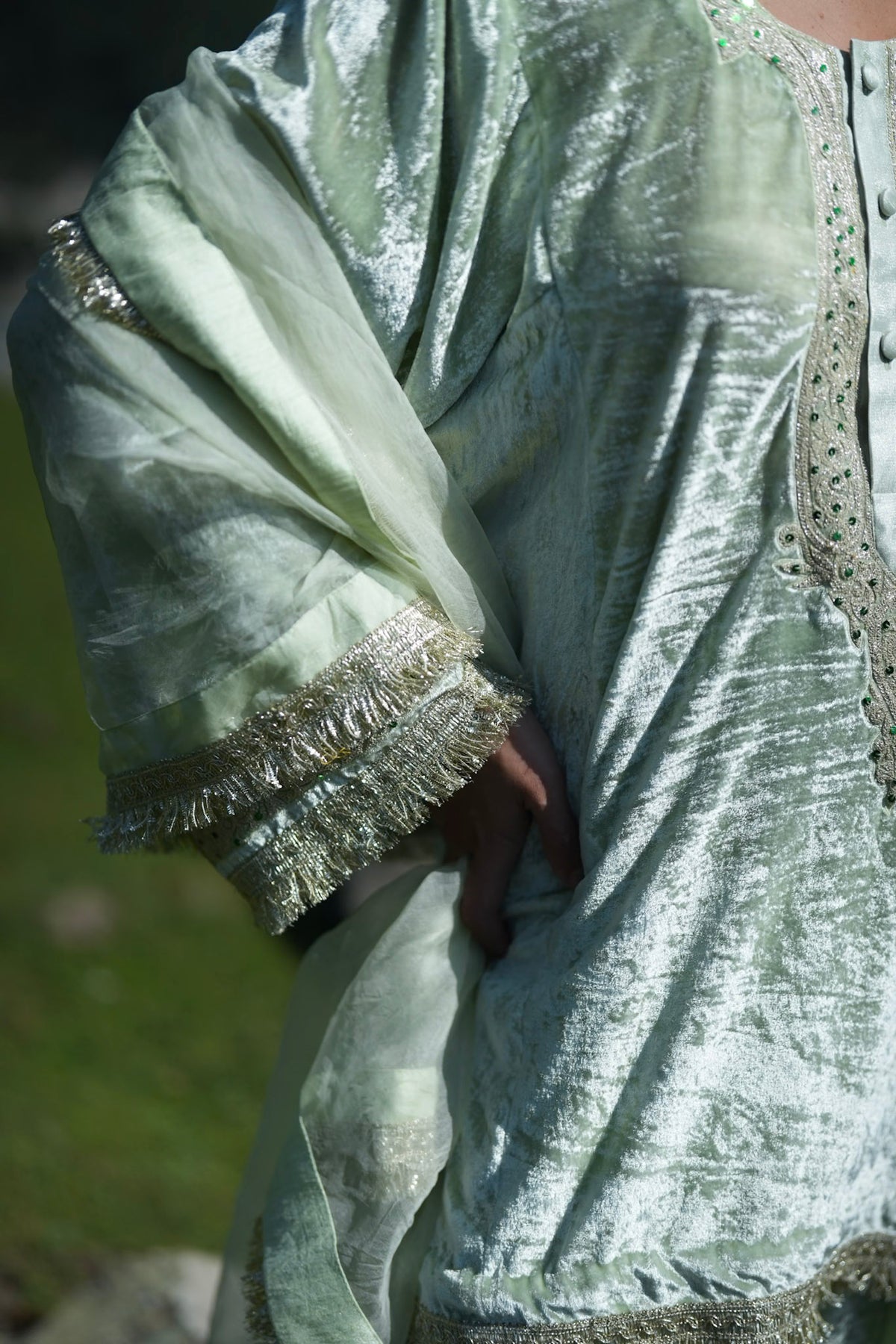 Mint Green Embroidered Round Pheran Farshi Salwar with Dupatta