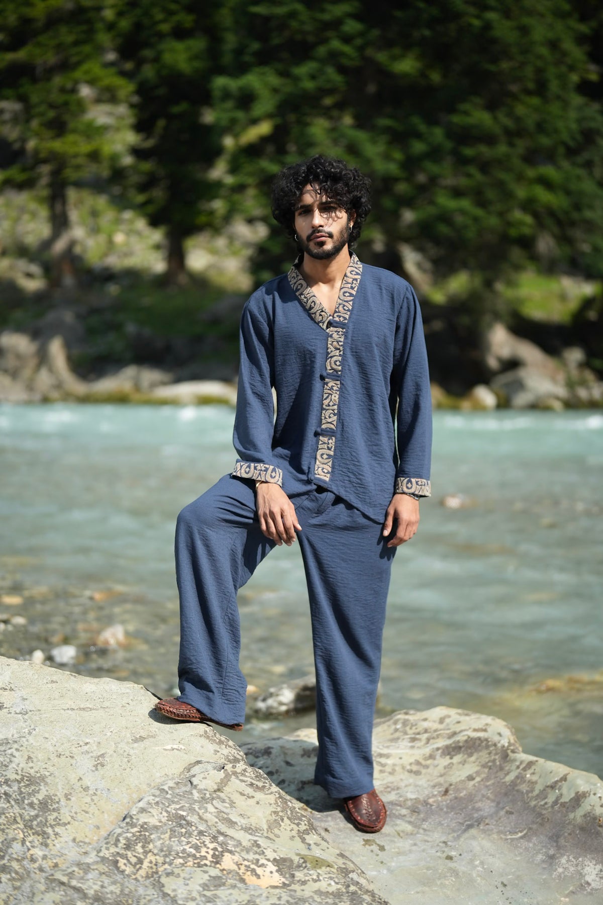Blue Antique Color Tilla Embroidered Shirt and Pants