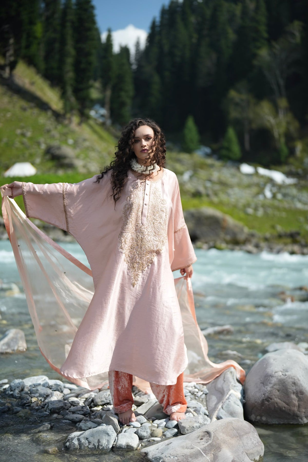 Dusty Pink Rose Embroidered Pheran Farshi Salwar with Dupatta