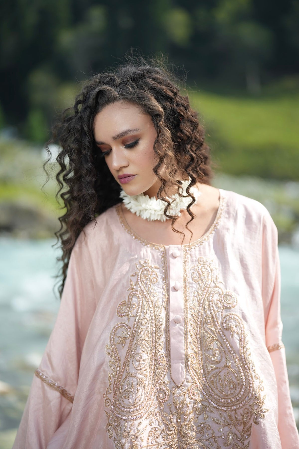 Dusty Pink Rose Embroidered Pheran Farshi Salwar with Dupatta