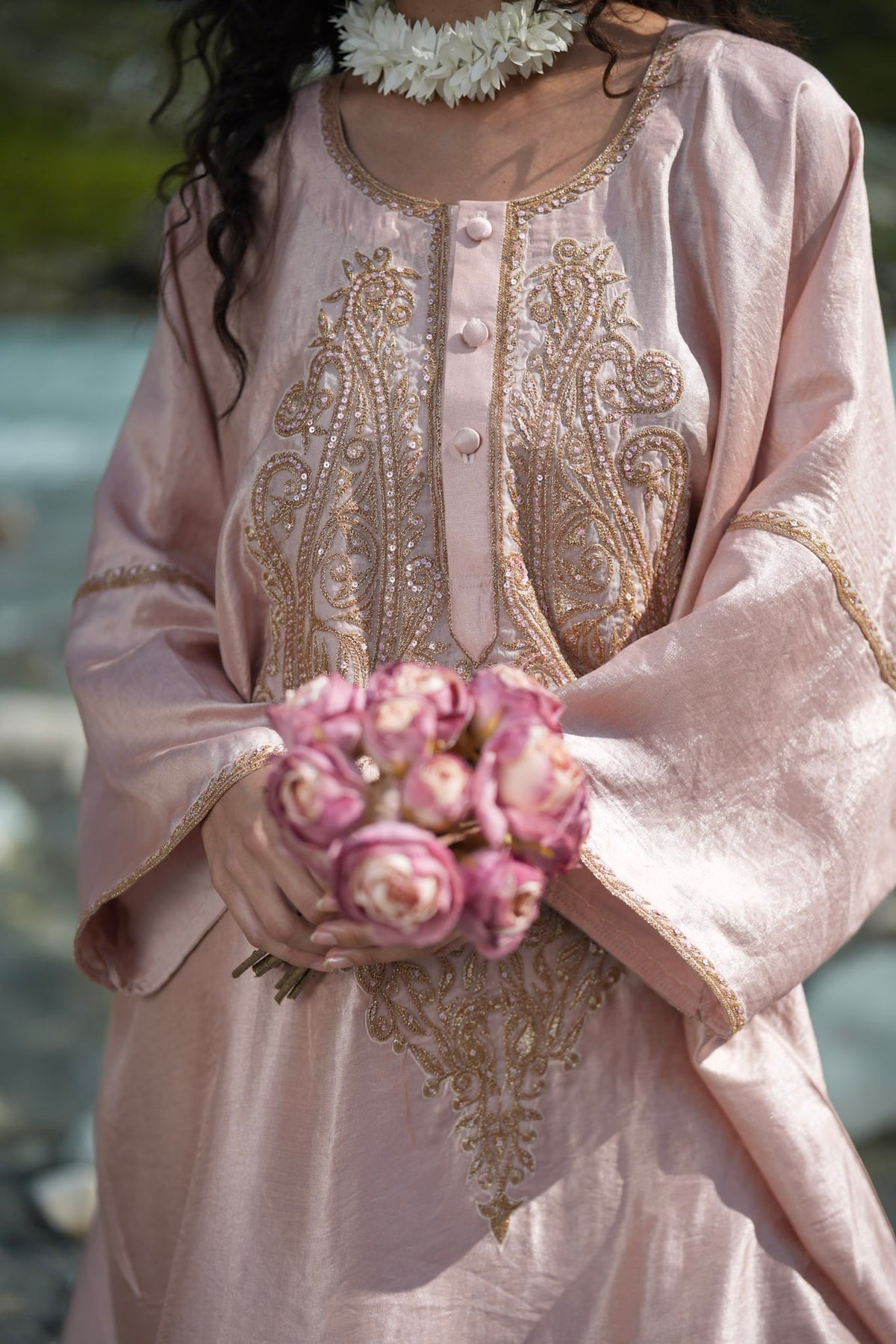 Dusty Pink Rose Embroidered Pheran Farshi Salwar with Dupatta