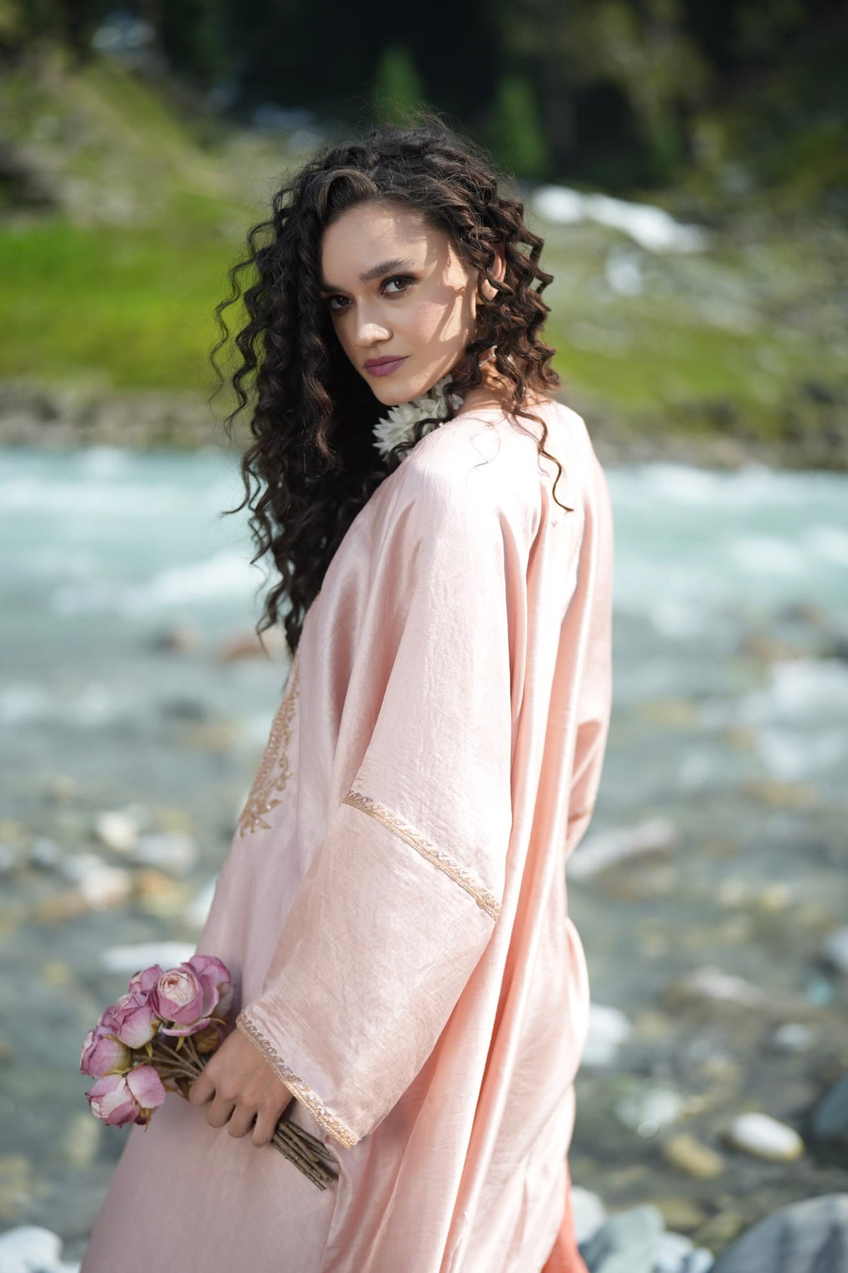 Dusty Pink Rose Embroidered Pheran Farshi Salwar with Dupatta
