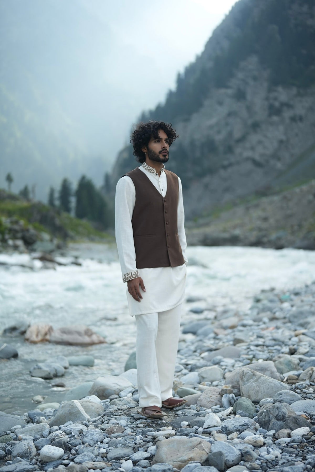 White Antique Colour Tilla Embroidered Kurta Salwar with Waist Coat