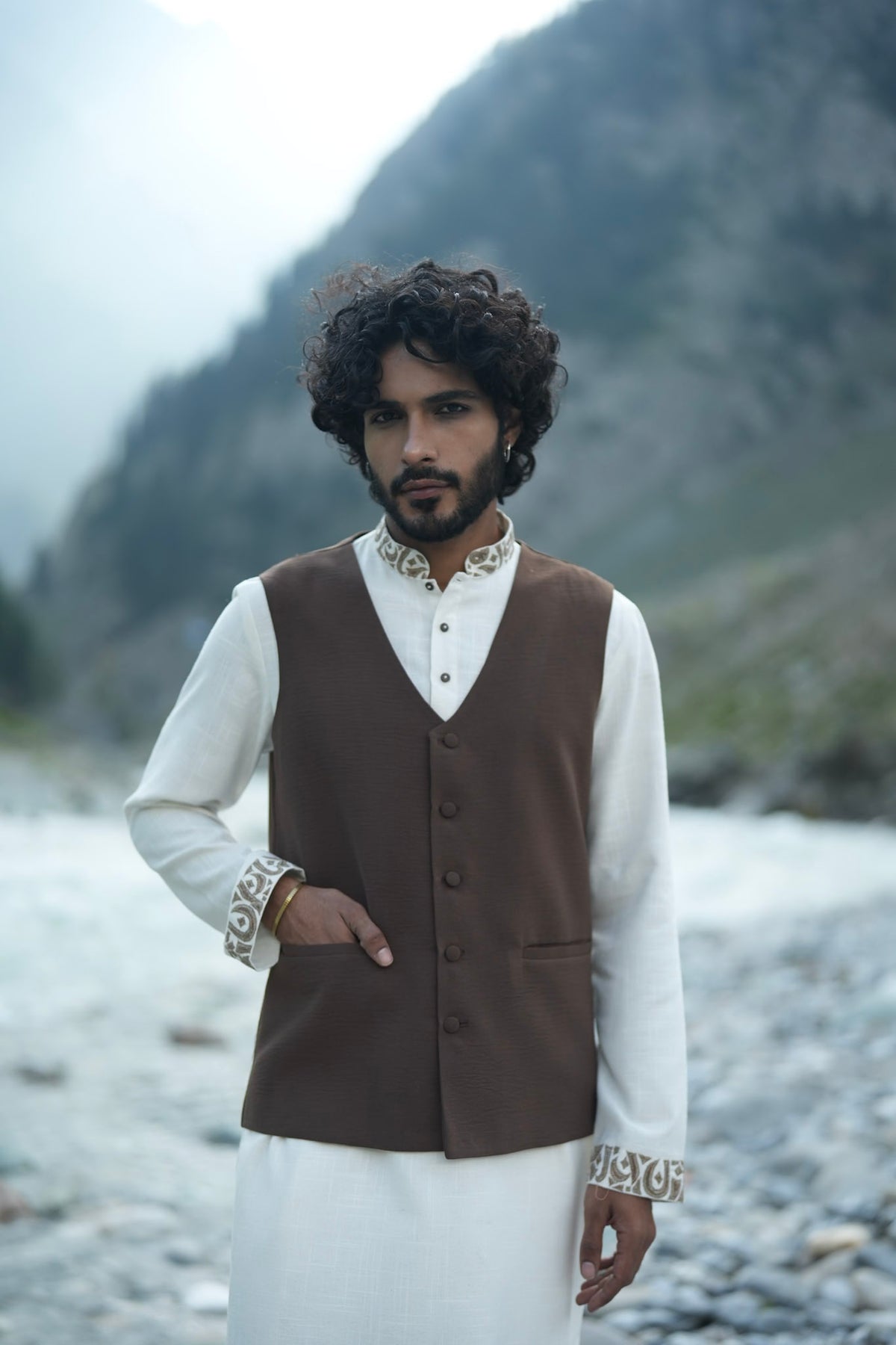 White Antique Colour Tilla Embroidered Kurta Salwar with Waist Coat
