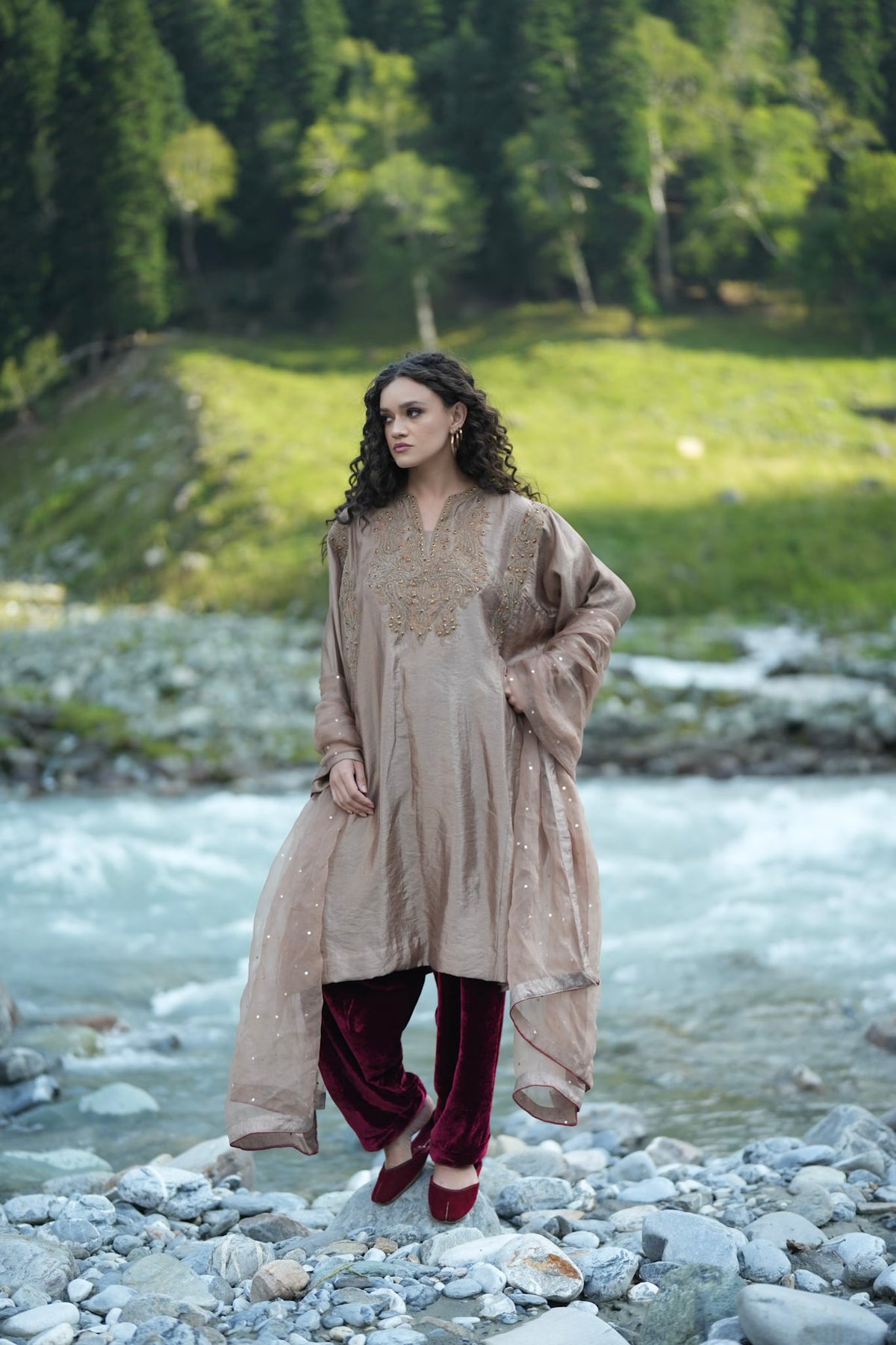 Brown Embroidered Pheran Salwar with Dupatta