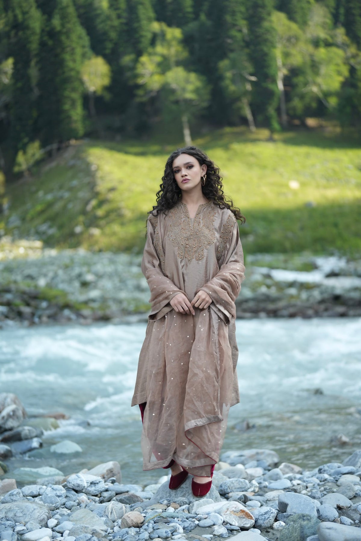 Brown Embroidered Pheran Salwar with Dupatta