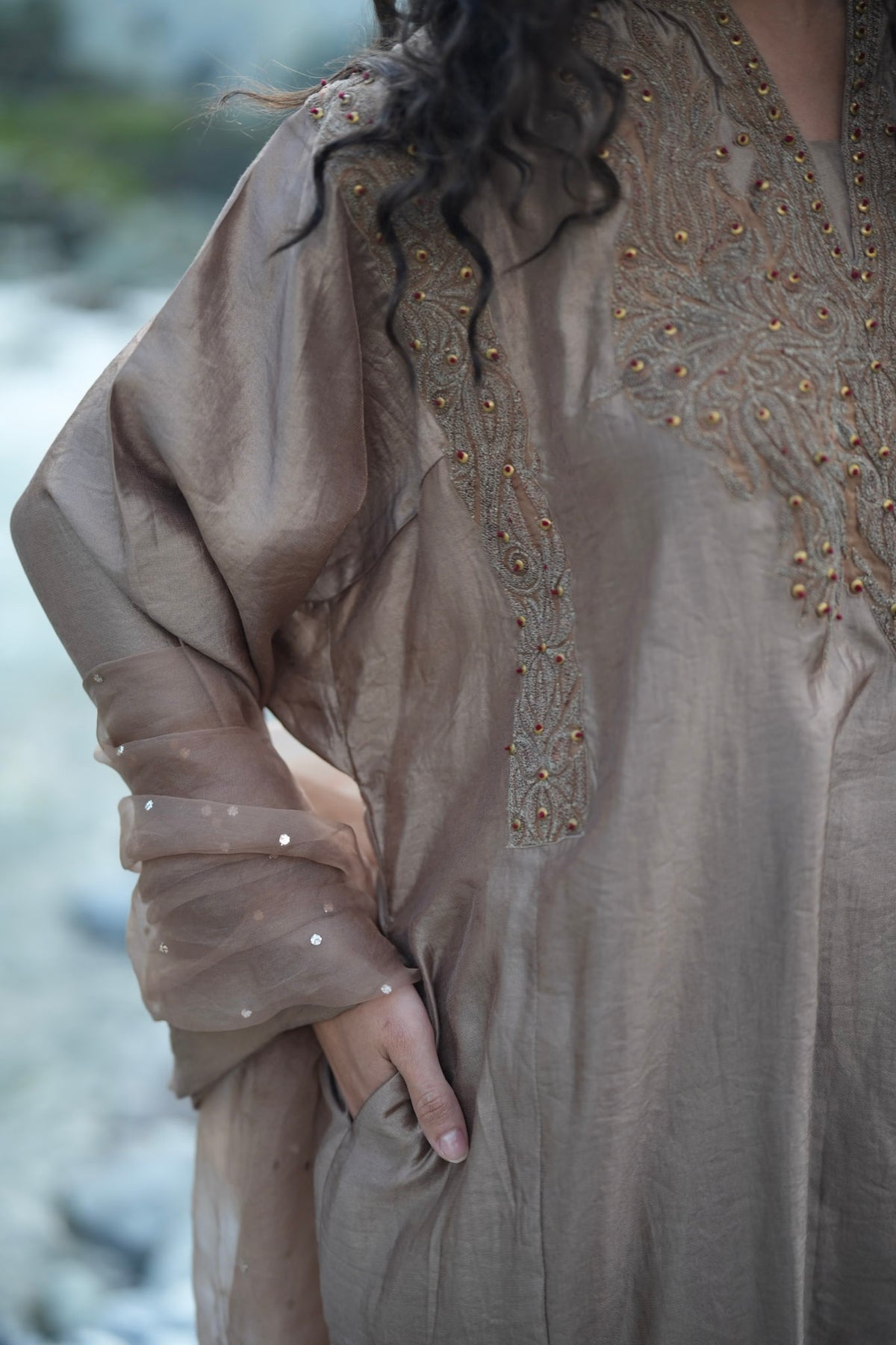 Brown Embroidered Pheran Salwar with Dupatta