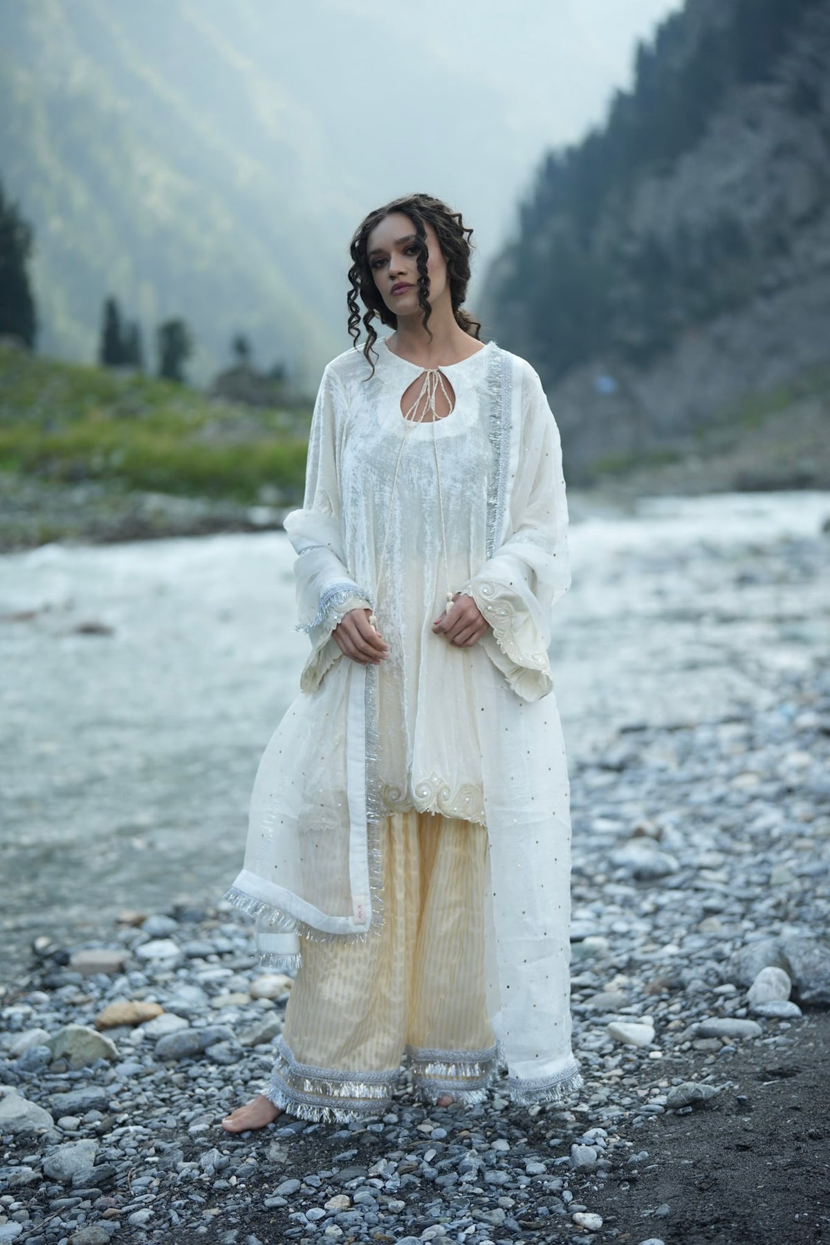 White Embroidered Round Pheran Farshi Salwar with Dupatta