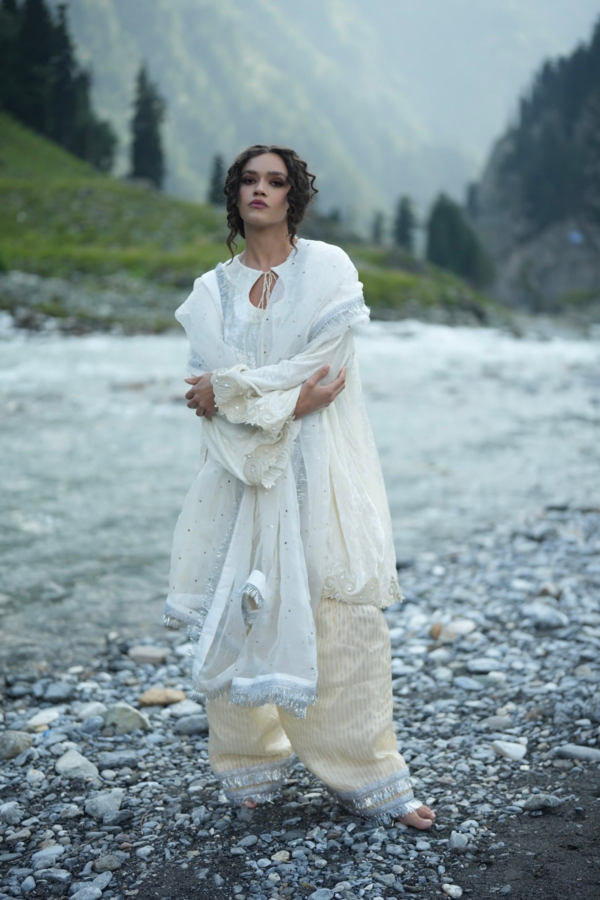 White Embroidered Round Pheran Farshi Salwar with Dupatta