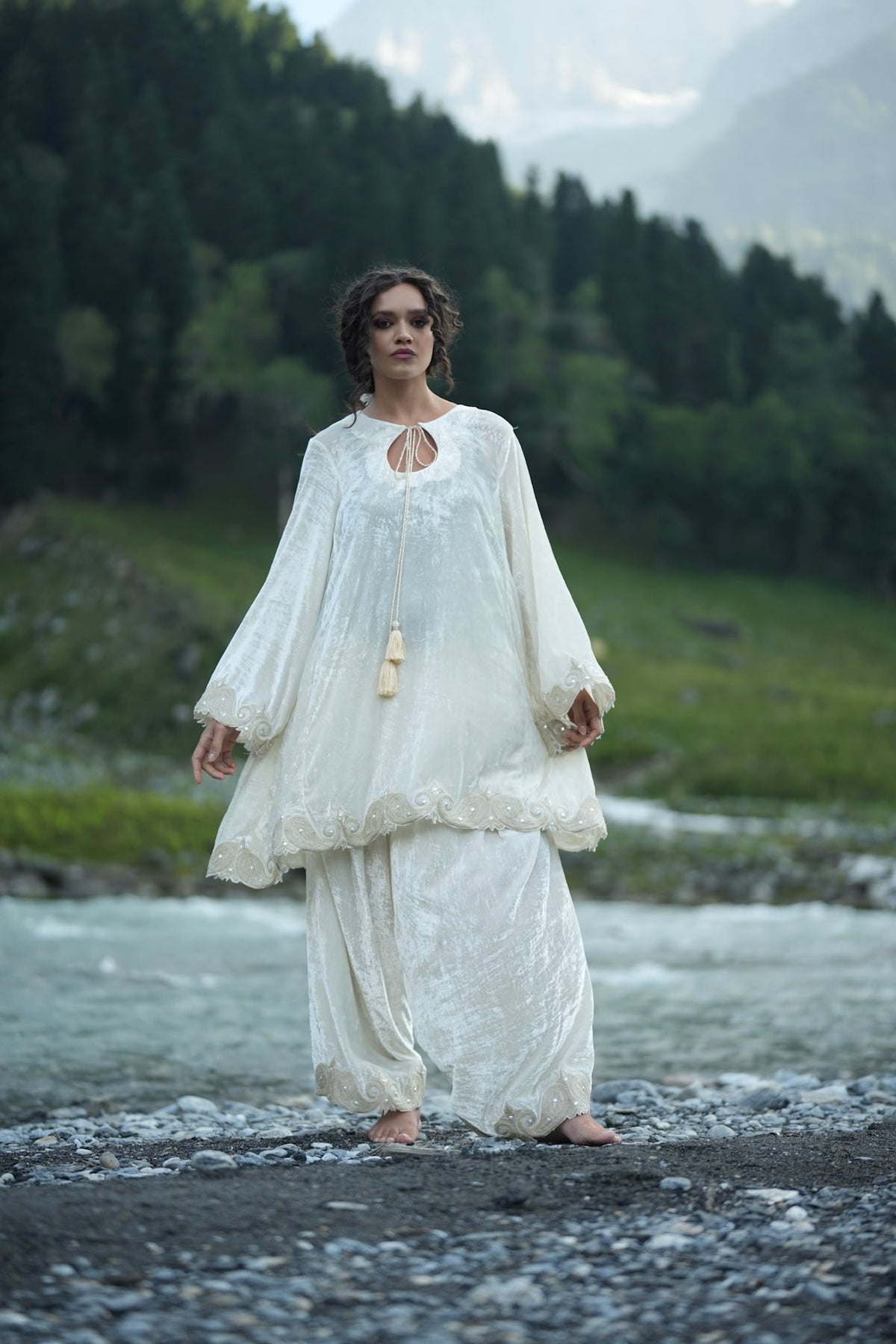 White Embroidered Round Pheran Farshi Salwar with Dupatta