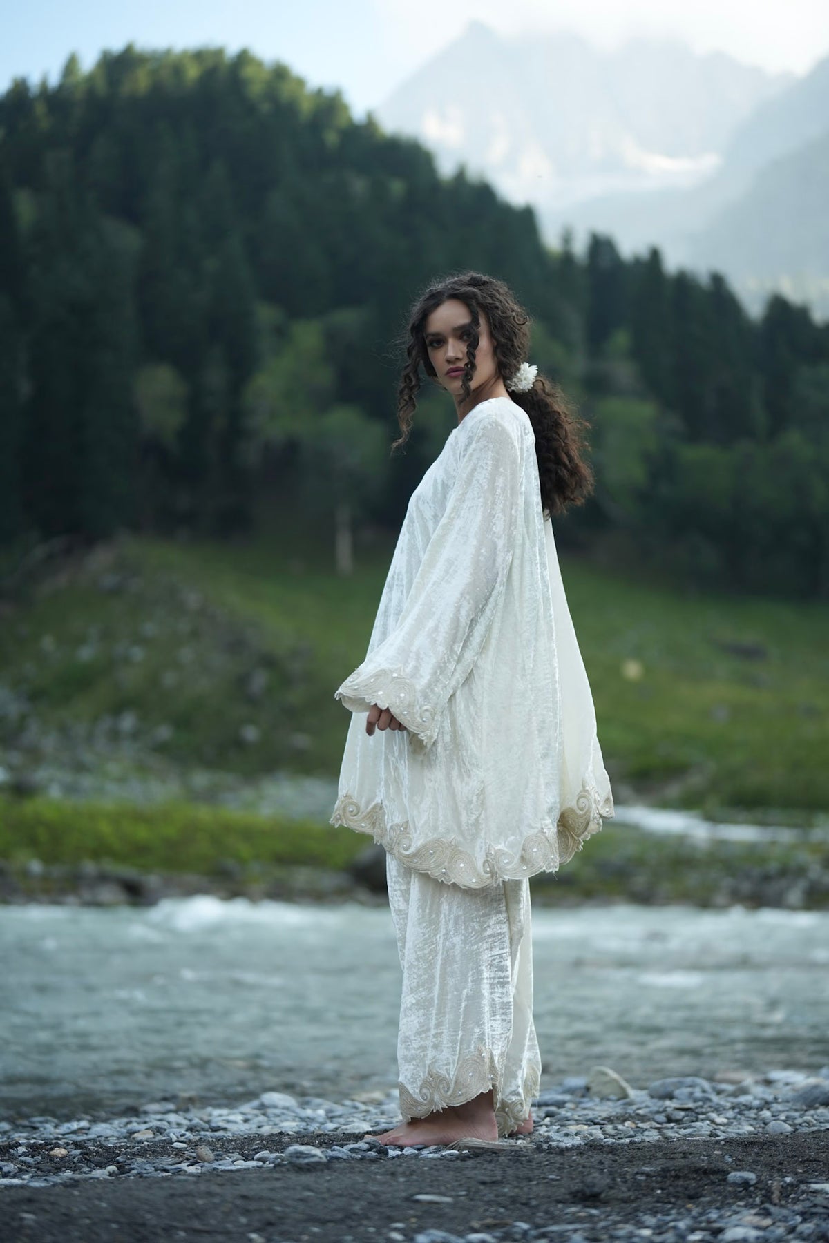White Embroidered Round Pheran Farshi Salwar with Dupatta