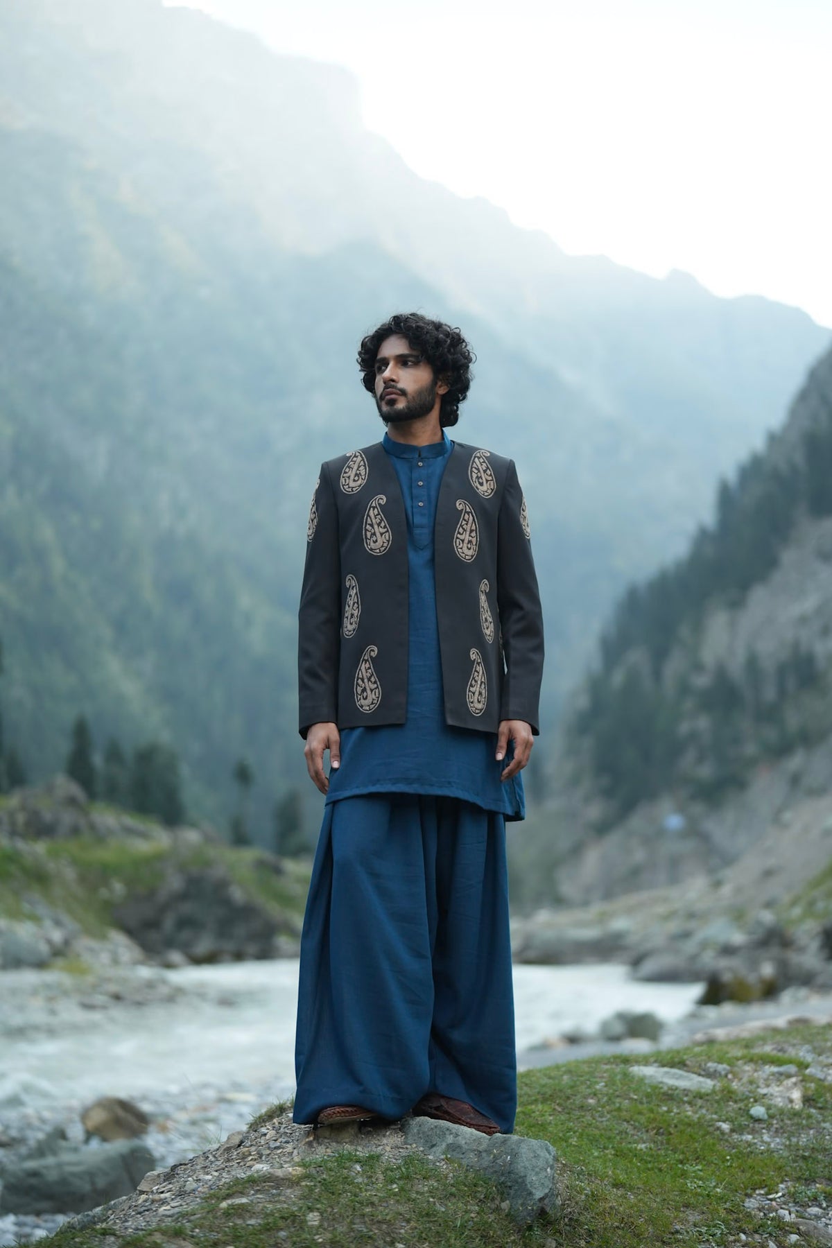 Blue Kurta Farshi Salwar with Black Tilla Embroidered Coat