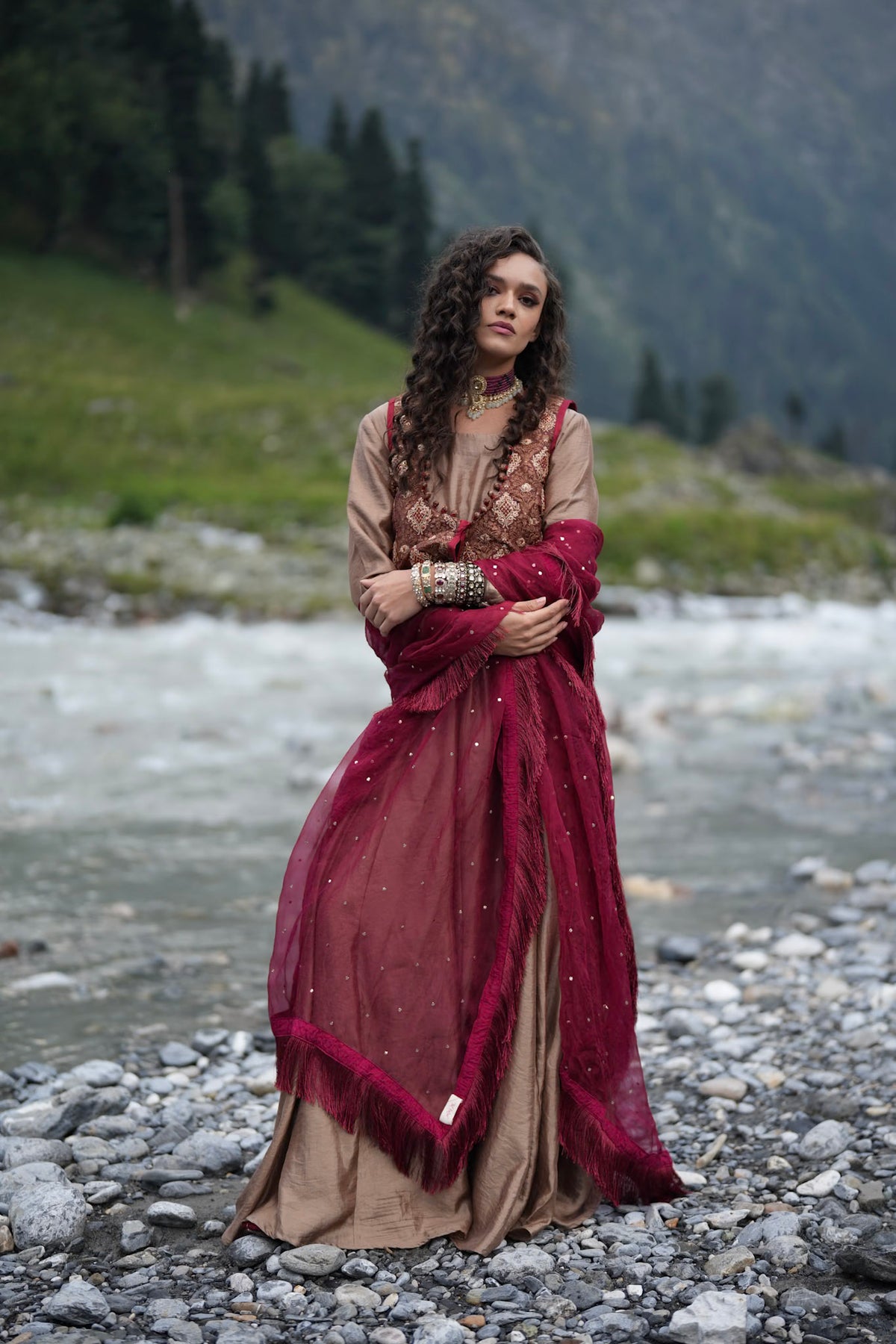 Brown Embroidered Long Kalidar with Embroidered Waistcoat and Dupatta