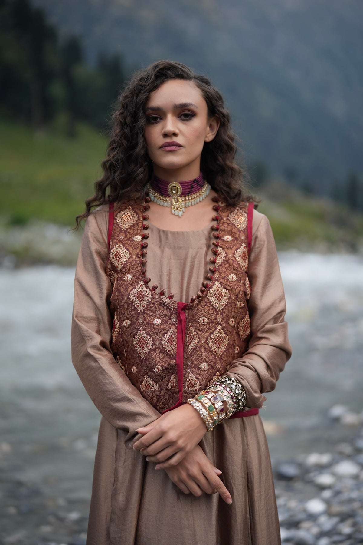 Brown Embroidered Long Kalidar with Embroidered Waistcoat and Dupatta