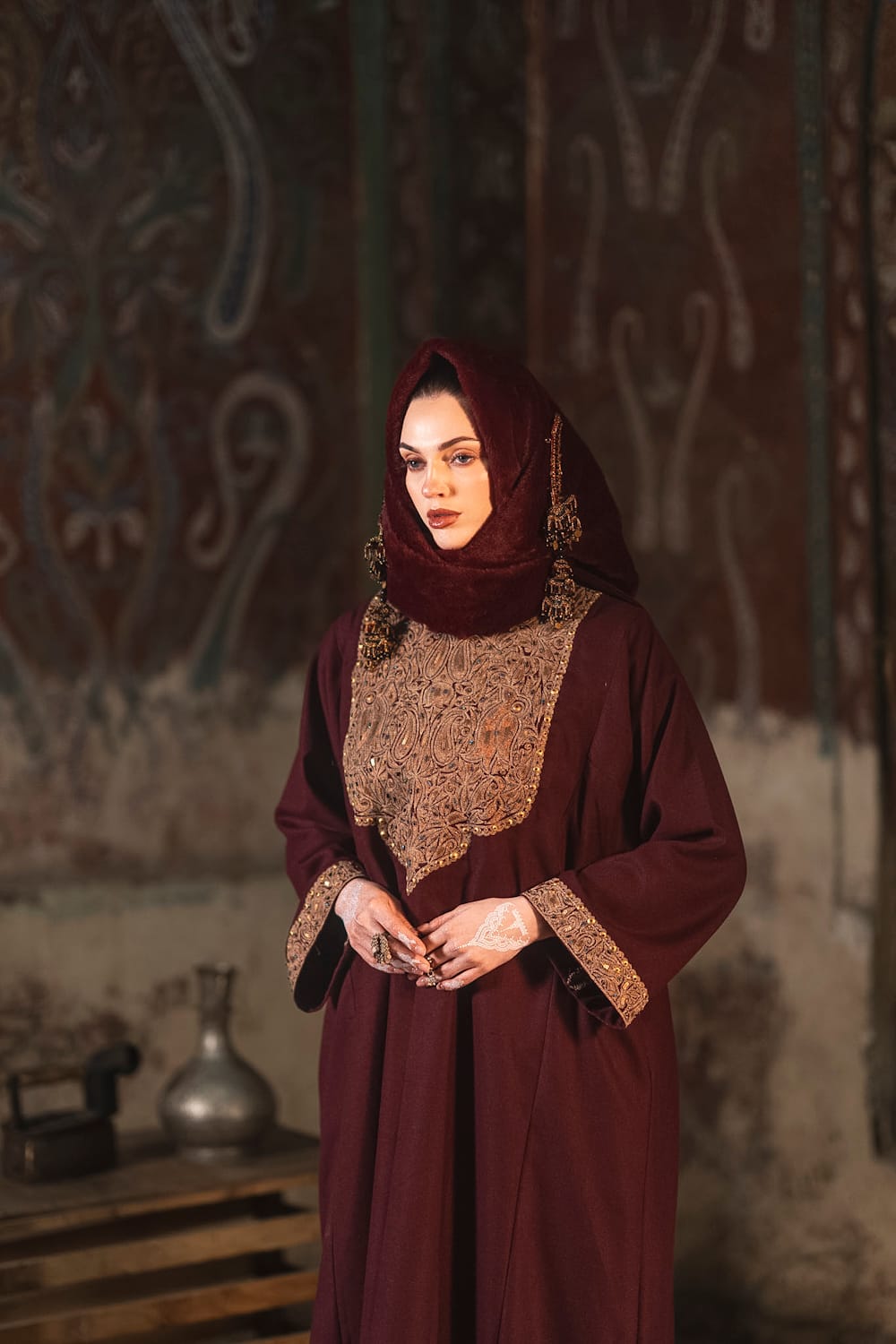 Maroon Tilla and Hand Embroidered Pheran Pants Reversible Cape