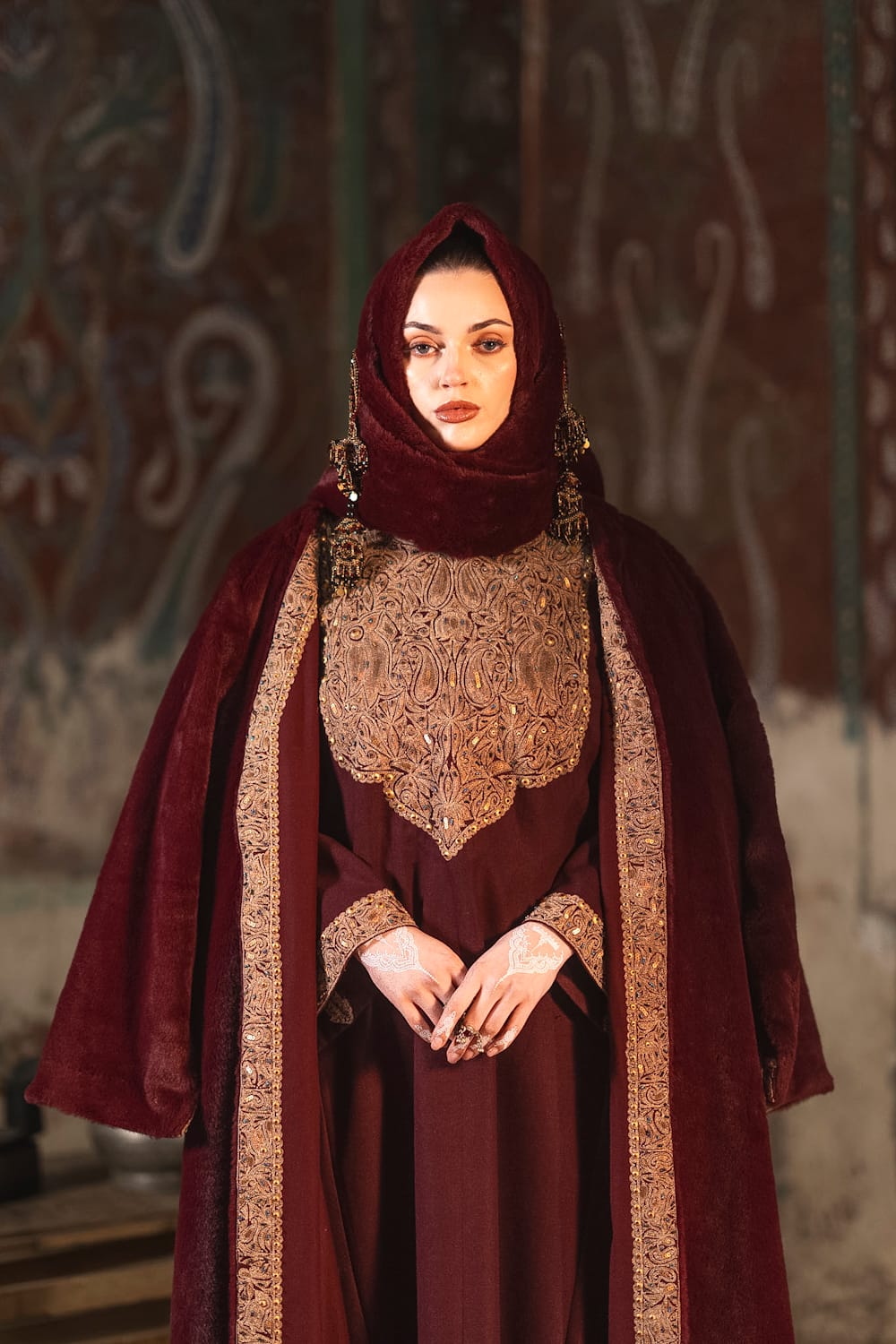 Maroon Tilla and Hand Embroidered Pheran Pants Reversible Cape