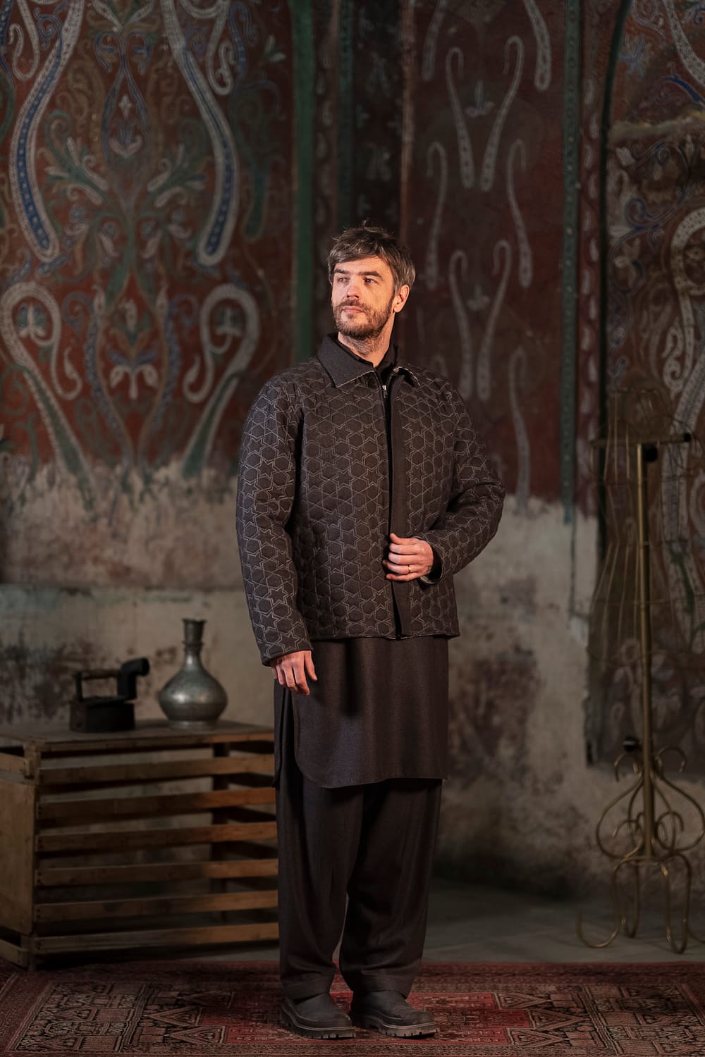 Carved Quilt Grey : Wool kurta Salwar  Ari Embroidered Jacket