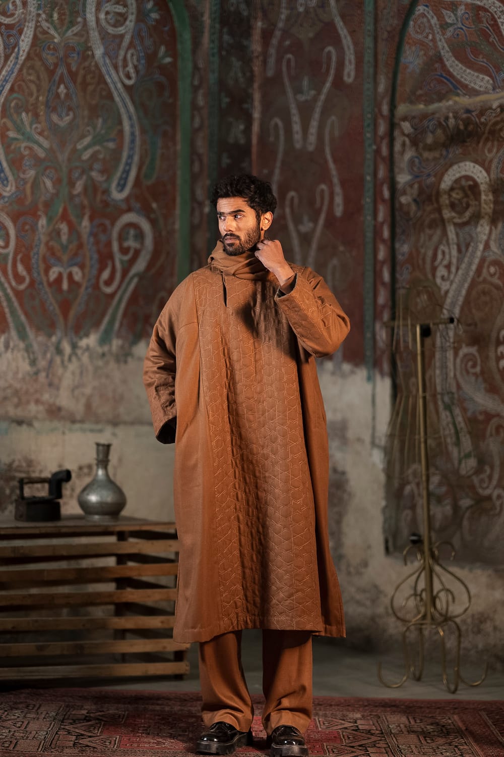 Amber Ember : Brown Ari Embroidered Pheran Pants