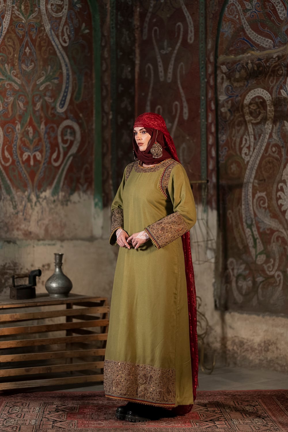 Green Tilla and Hand Embroidered Longline kurta Salwar Stole
